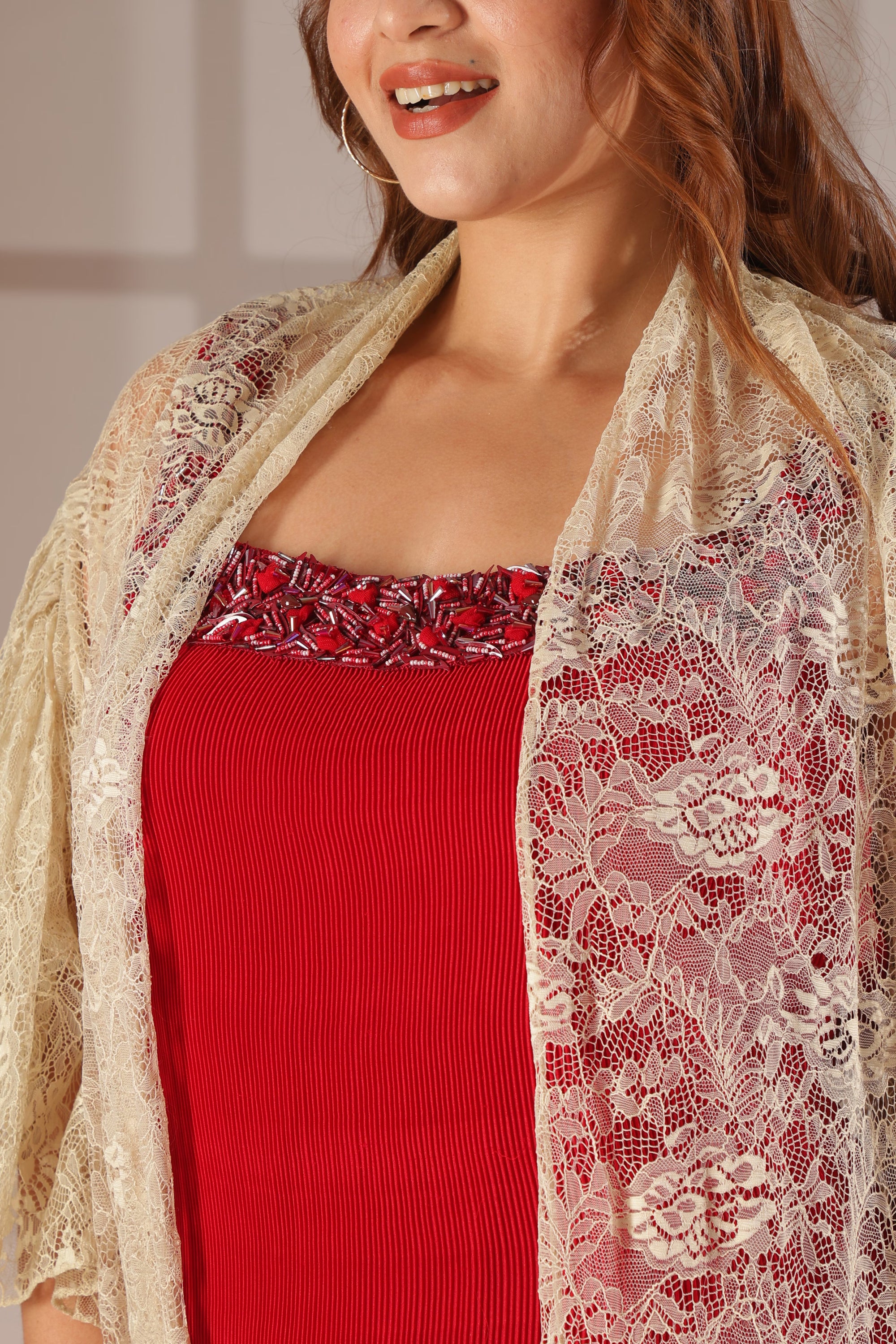 Scarlet Pleated Dress & Ivory Lace Fringe Drape