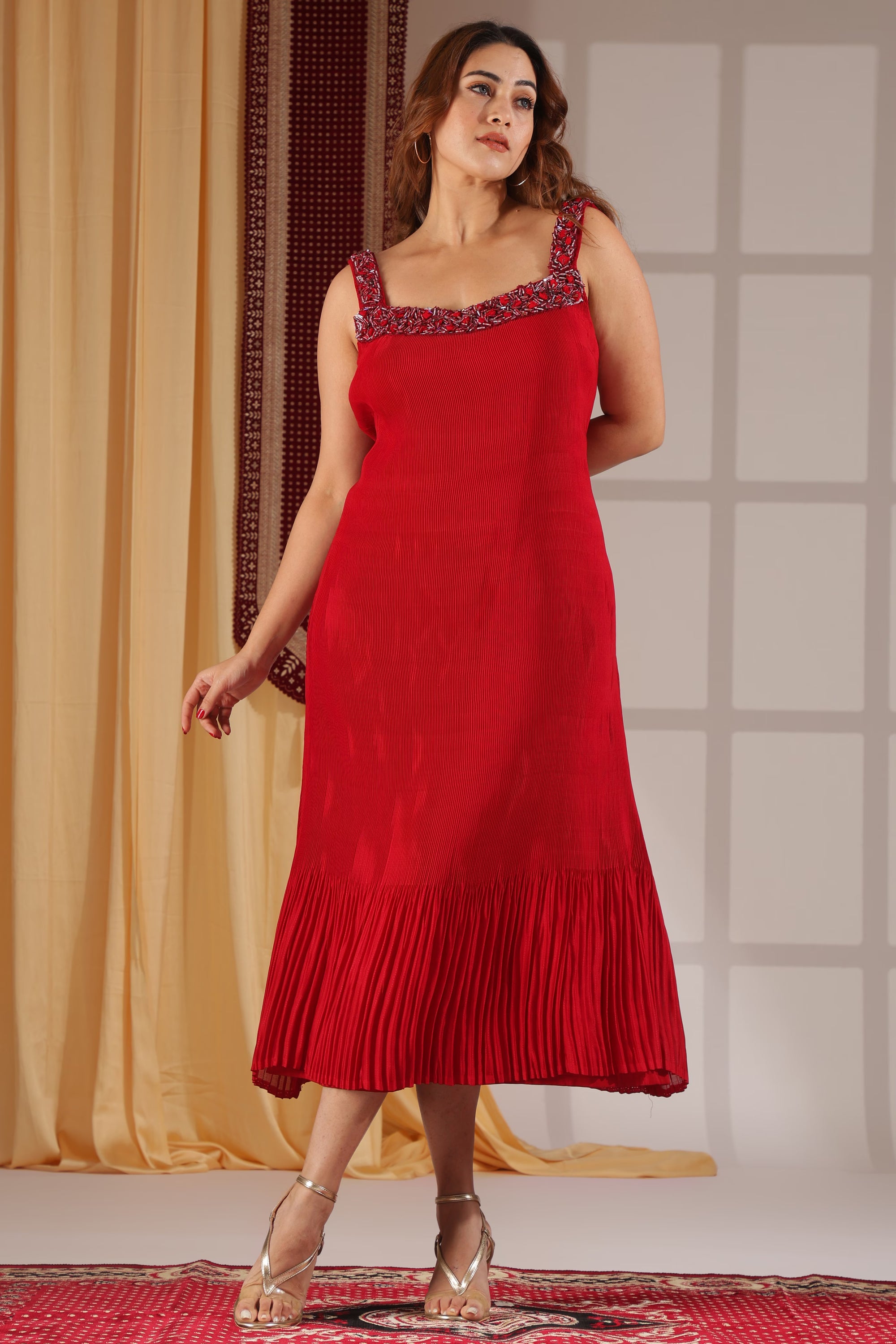 Scarlet Pleated Dress & Ivory Lace Fringe Drape