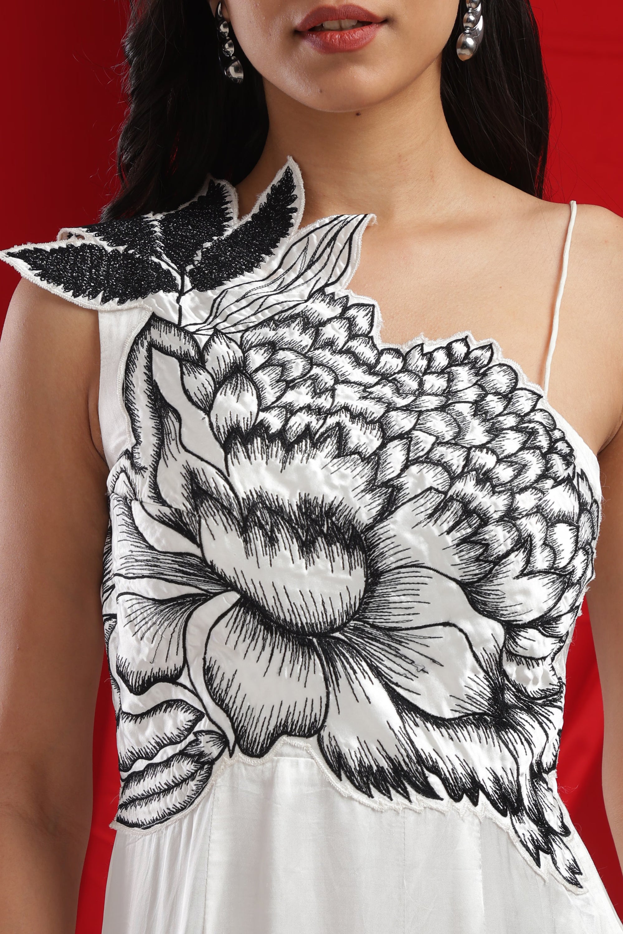 White & Noir Floral Asymmetry Dress