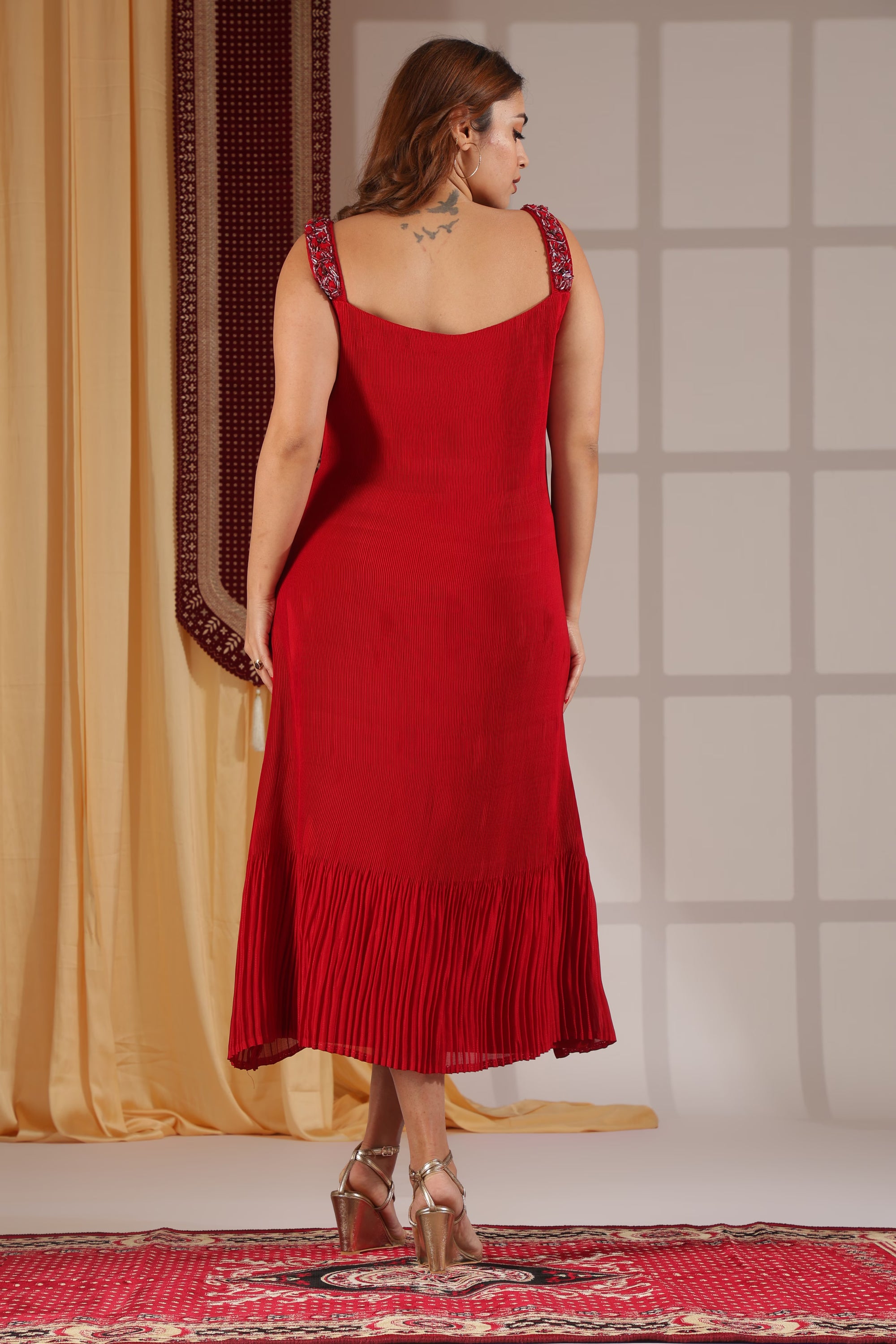 Scarlet Pleated Dress & Ivory Lace Fringe Drape