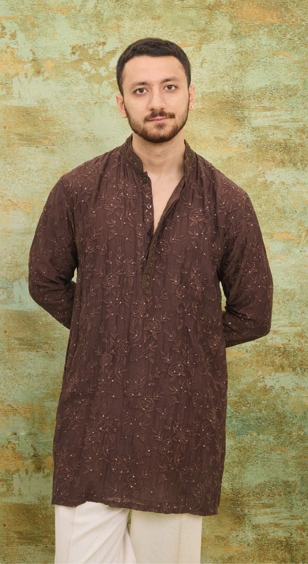 Mocha Floral Embroidered Kurta