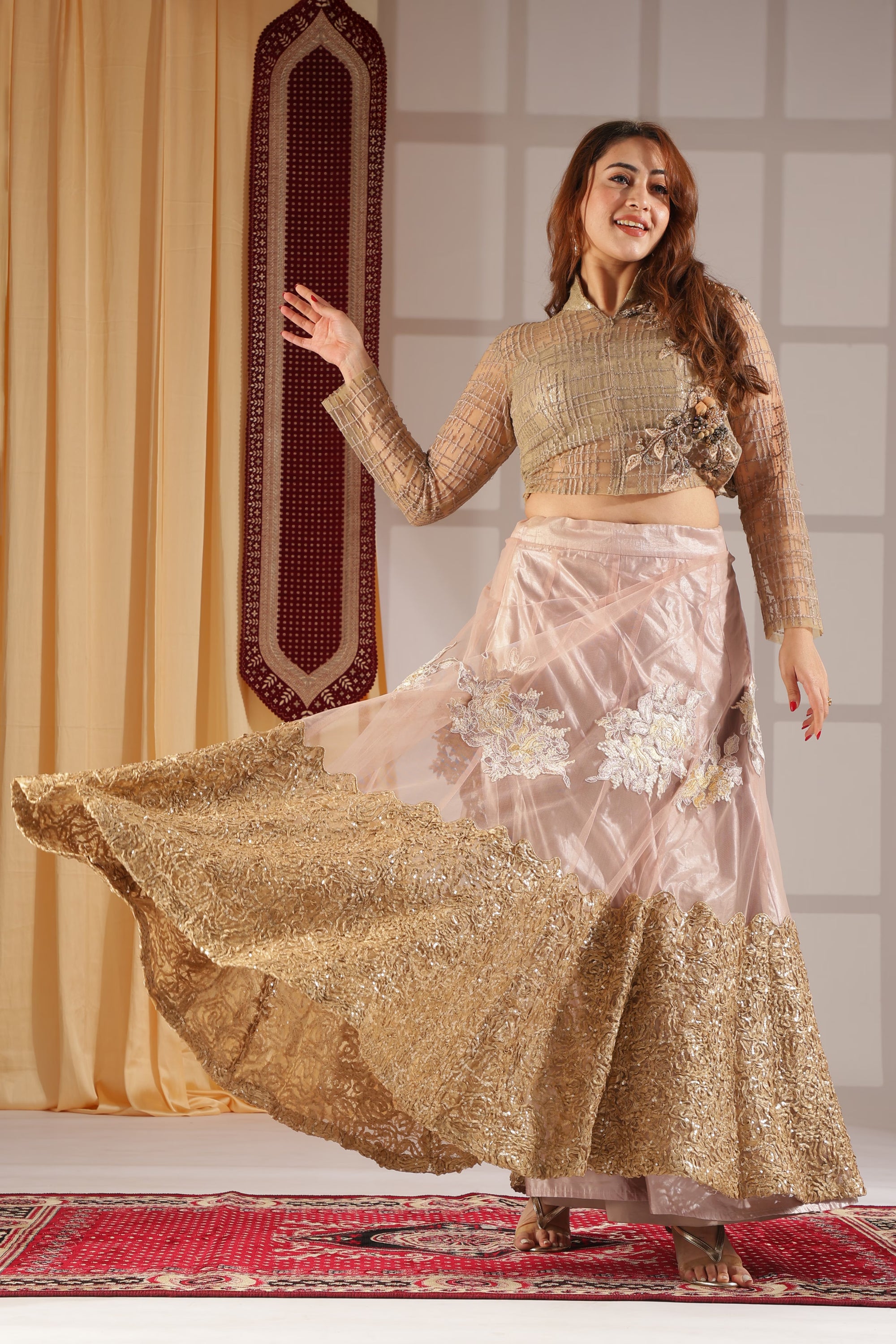 Champagne Blush Floral Net Lehenga & Gold-Grid Embellished Full-Sleeve collar blouse
