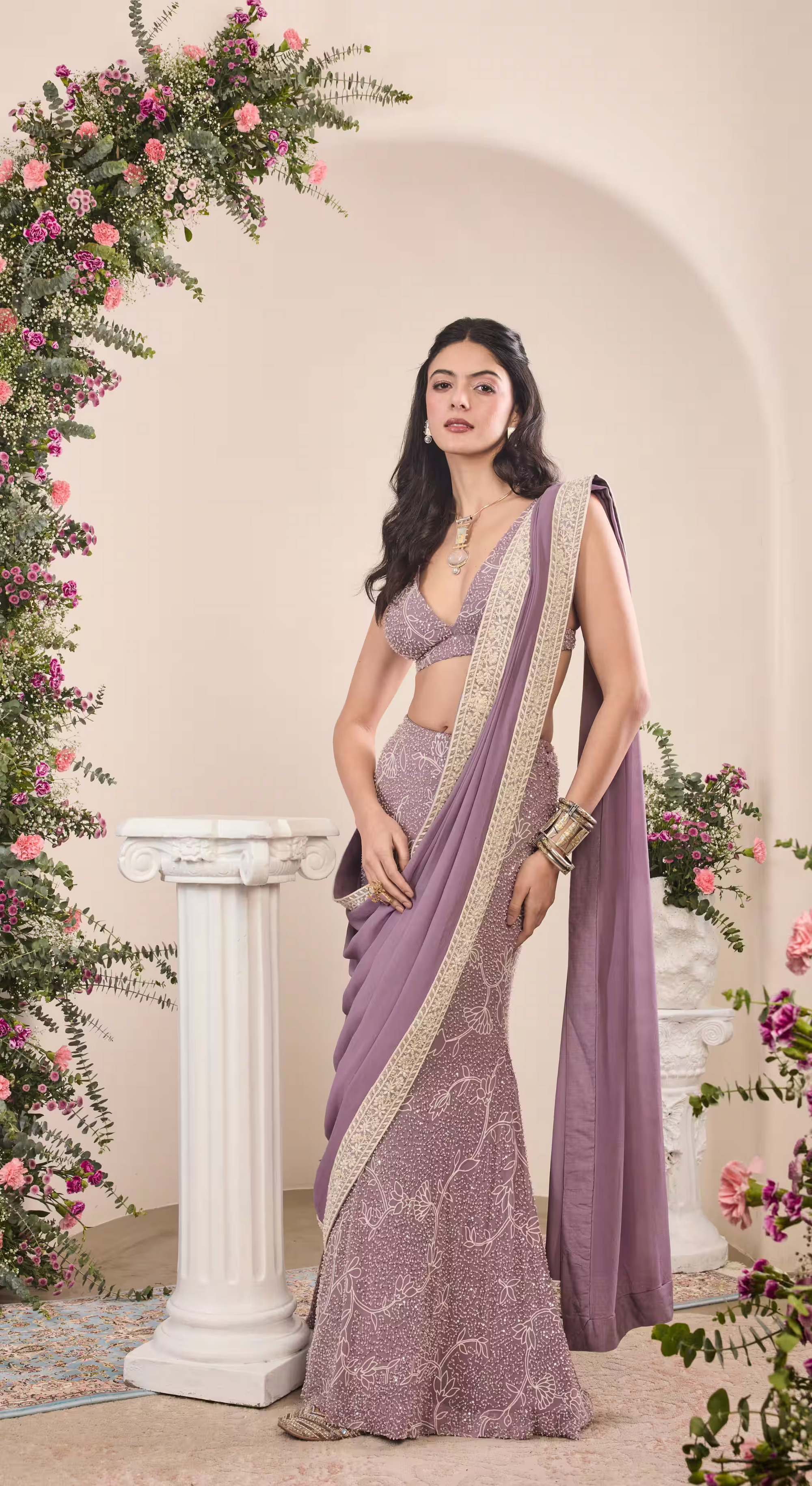 Lilac Embroidered Saree Set