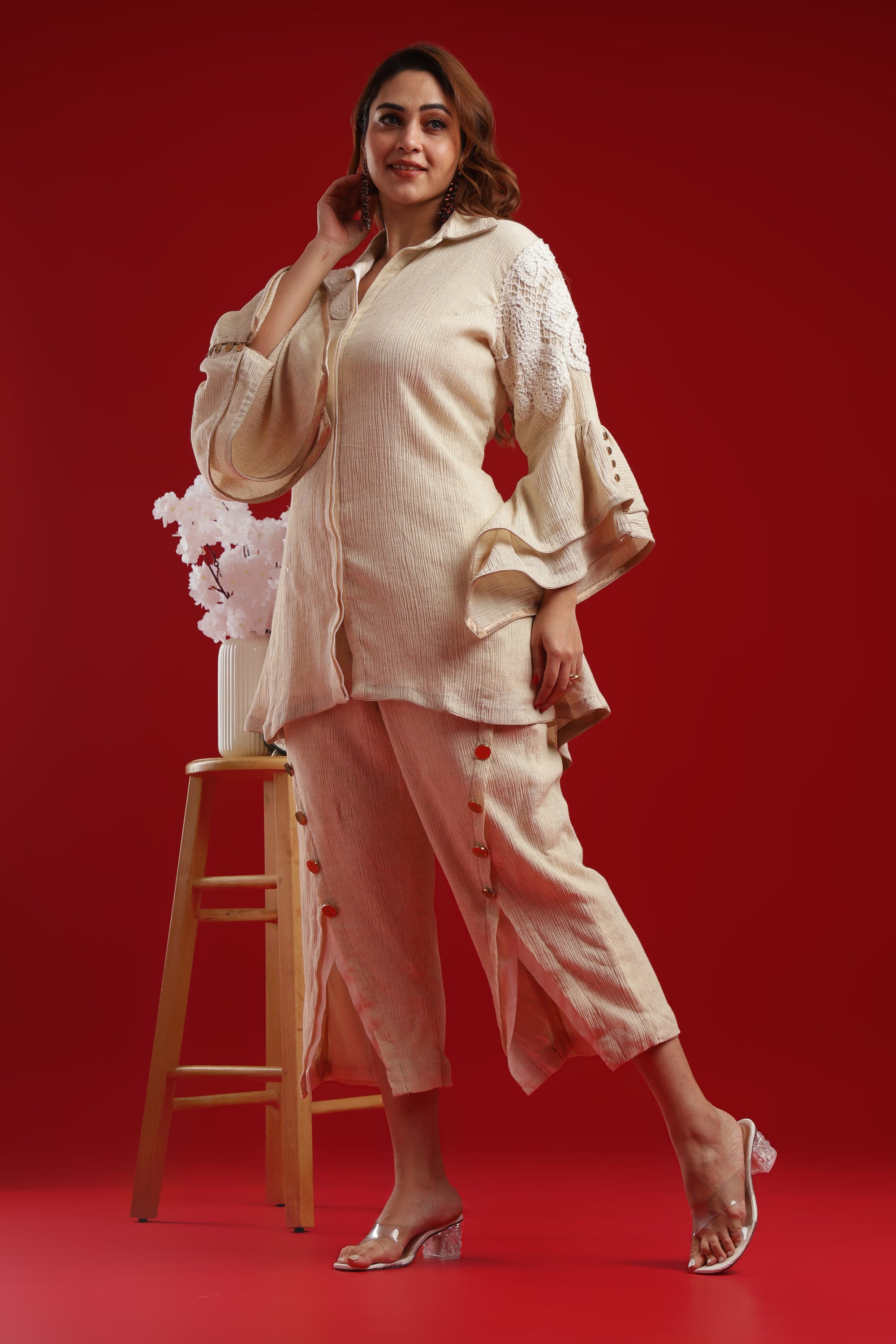Textured Cream Co-Ord Set with Embroidered Detail