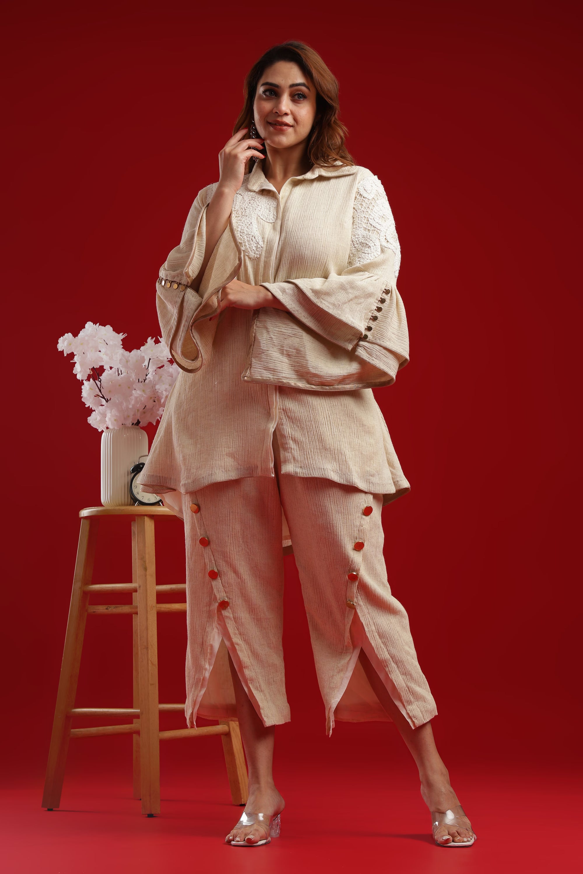 Textured Cream Co-Ord Set with Embroidered Detail