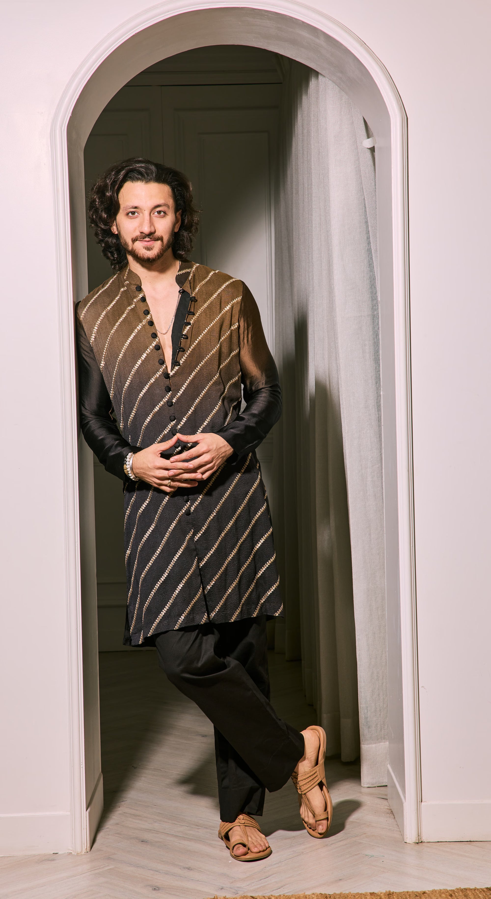 Diagonal Stripe Asymmetric Kurta