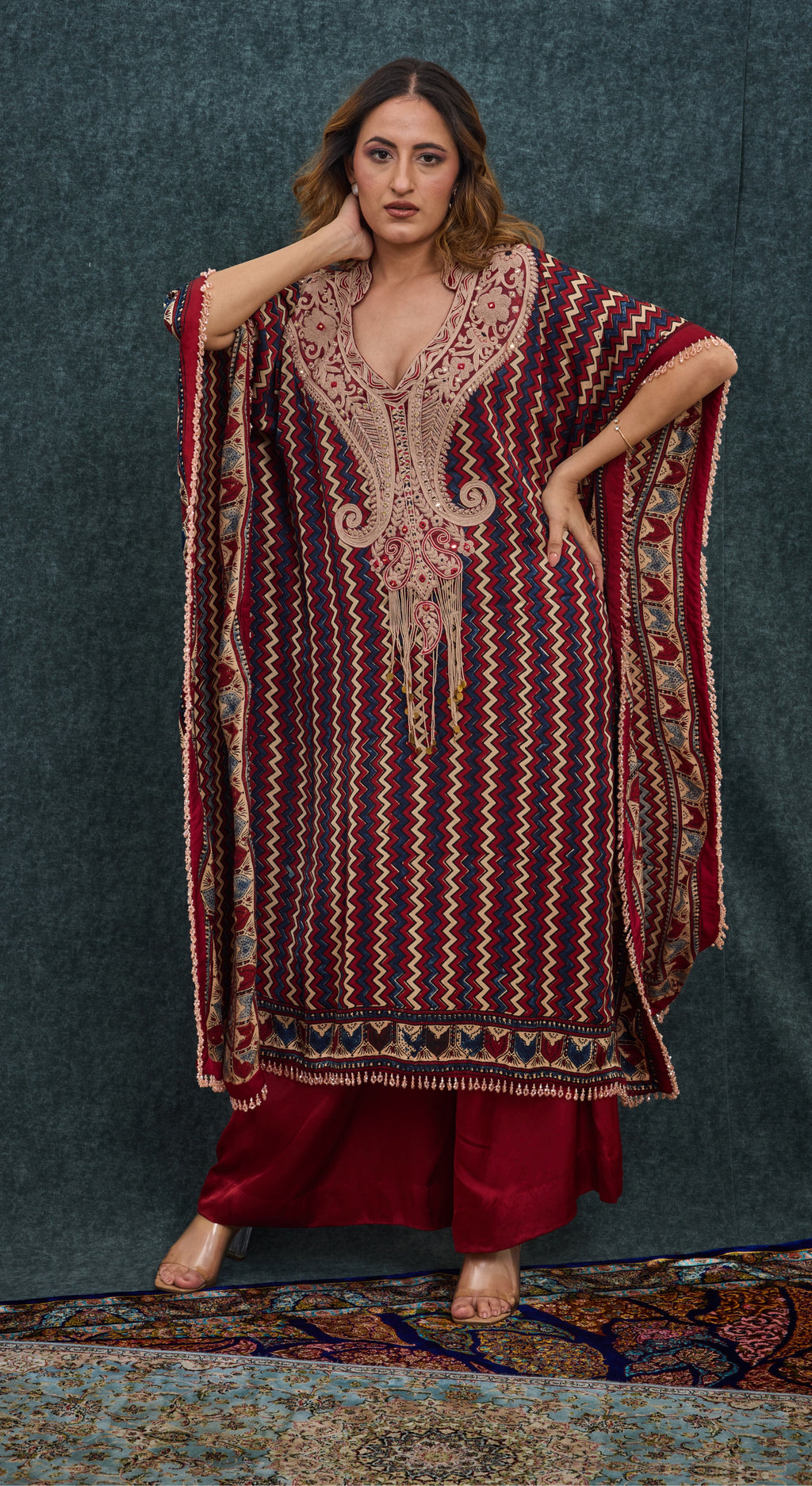 Crimson Chevron Embroidered Kaftan Set