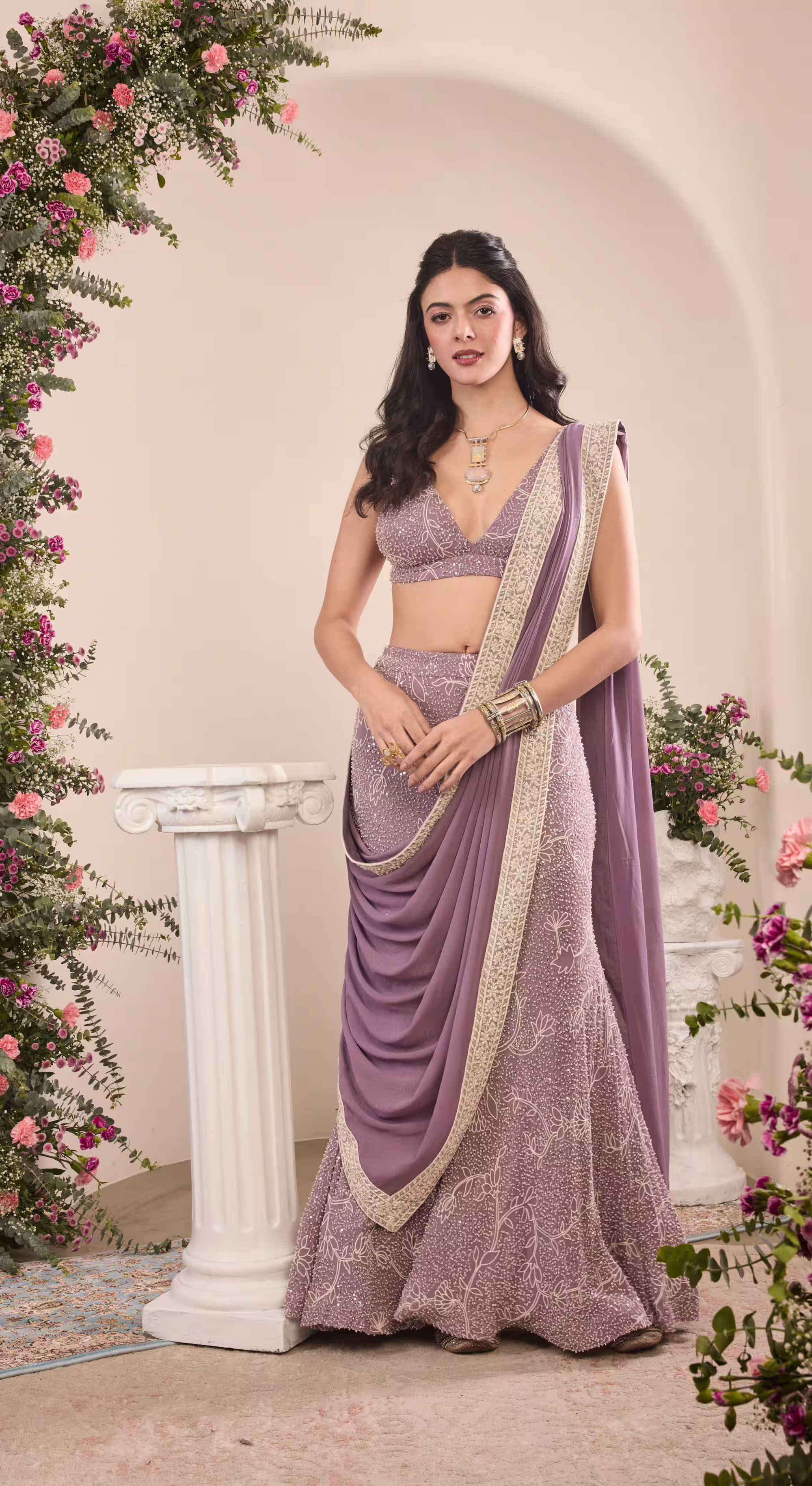 Lilac Embroidered Saree Set