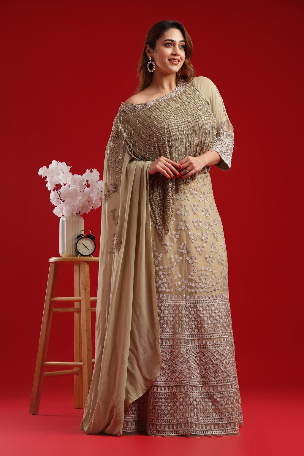 Champagne Gold Embroidered Lehenga Set with Fringe Cape