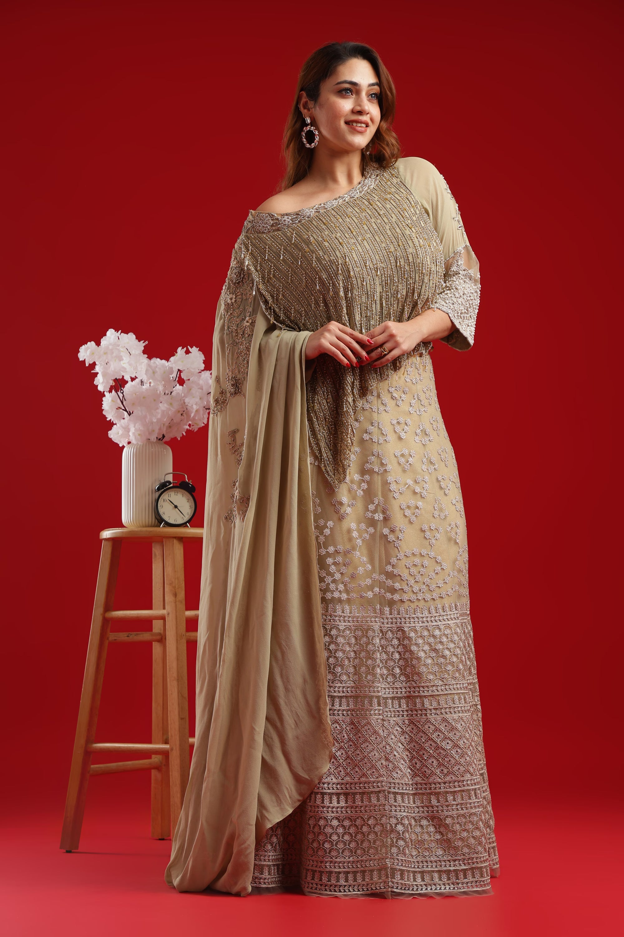 Champagne Gold Embroidered Lehenga Set with Fringe Cape