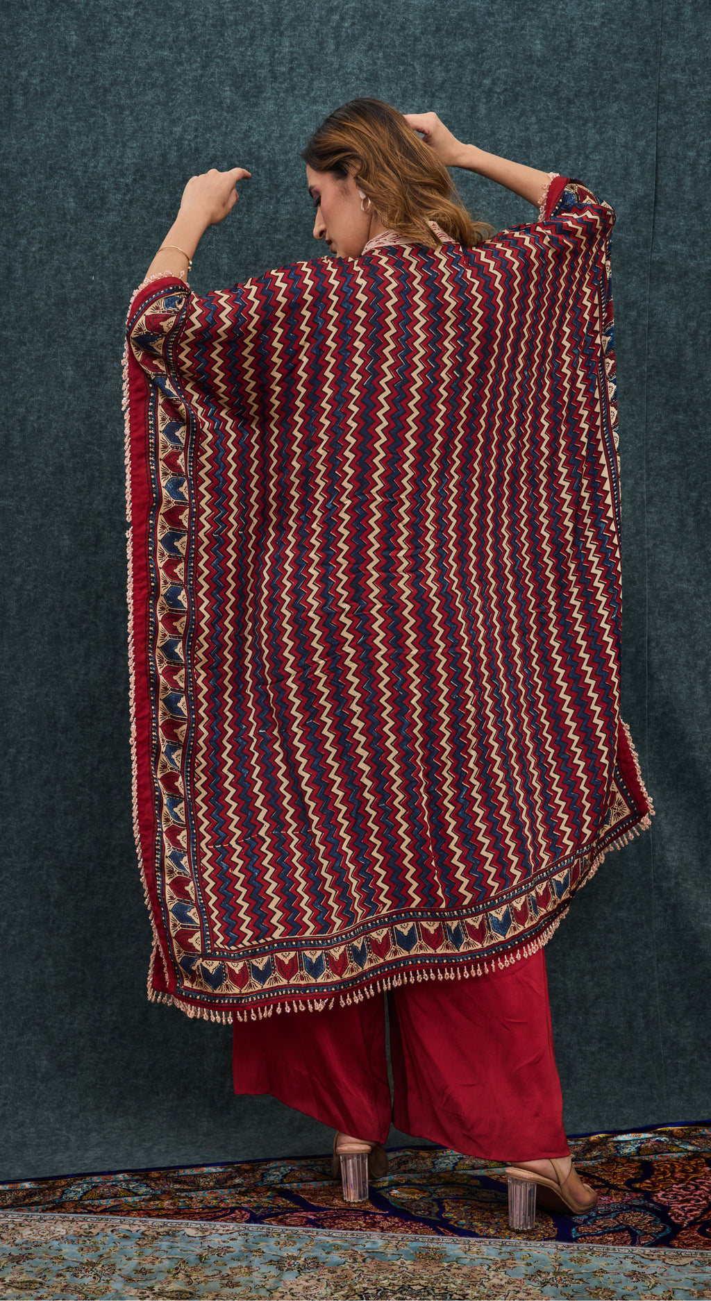 Crimson Chevron Embroidered Kaftan Set