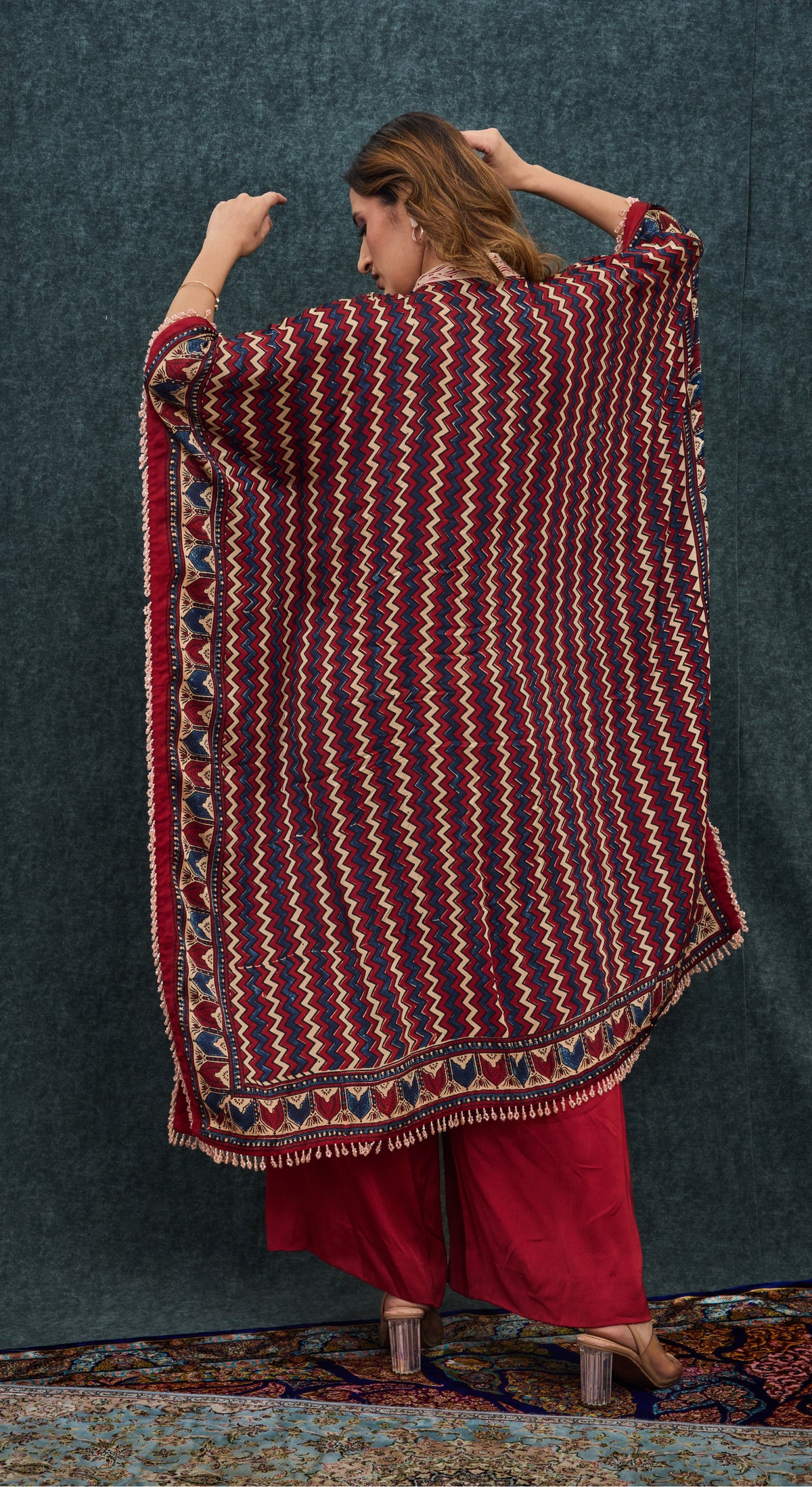 Crimson Chevron Embroidered Kaftan Set
