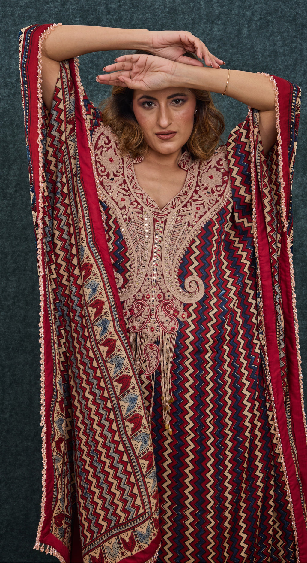 Crimson Chevron Embroidered Kaftan Set