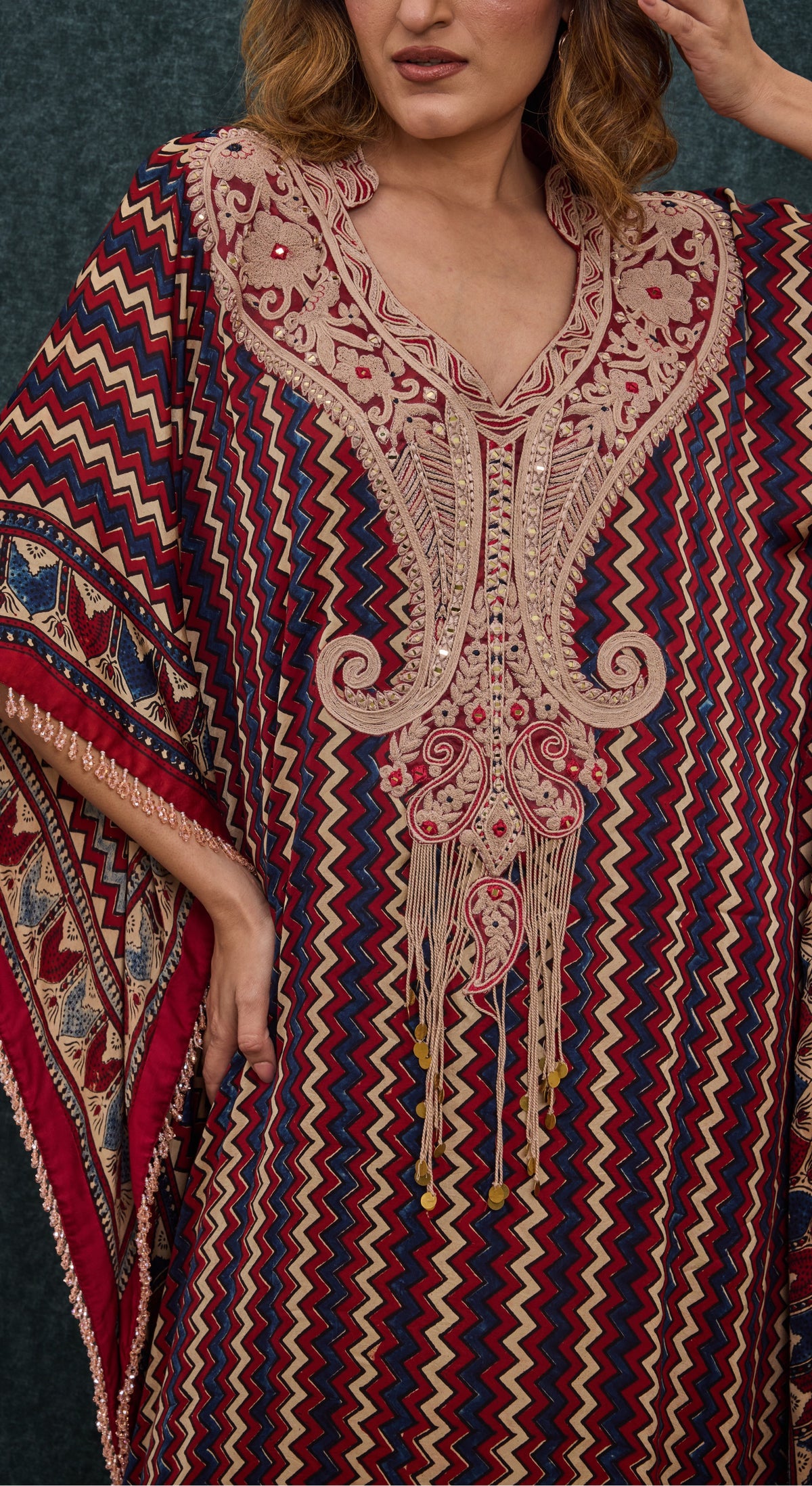 Crimson Chevron Embroidered Kaftan Set