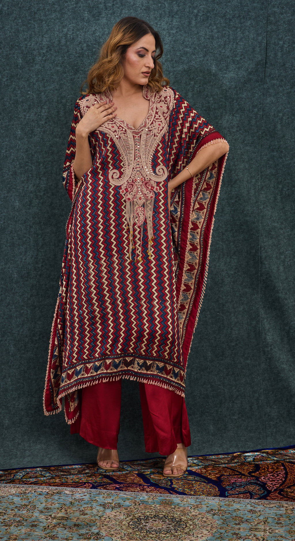 Crimson Chevron Embroidered Kaftan Set