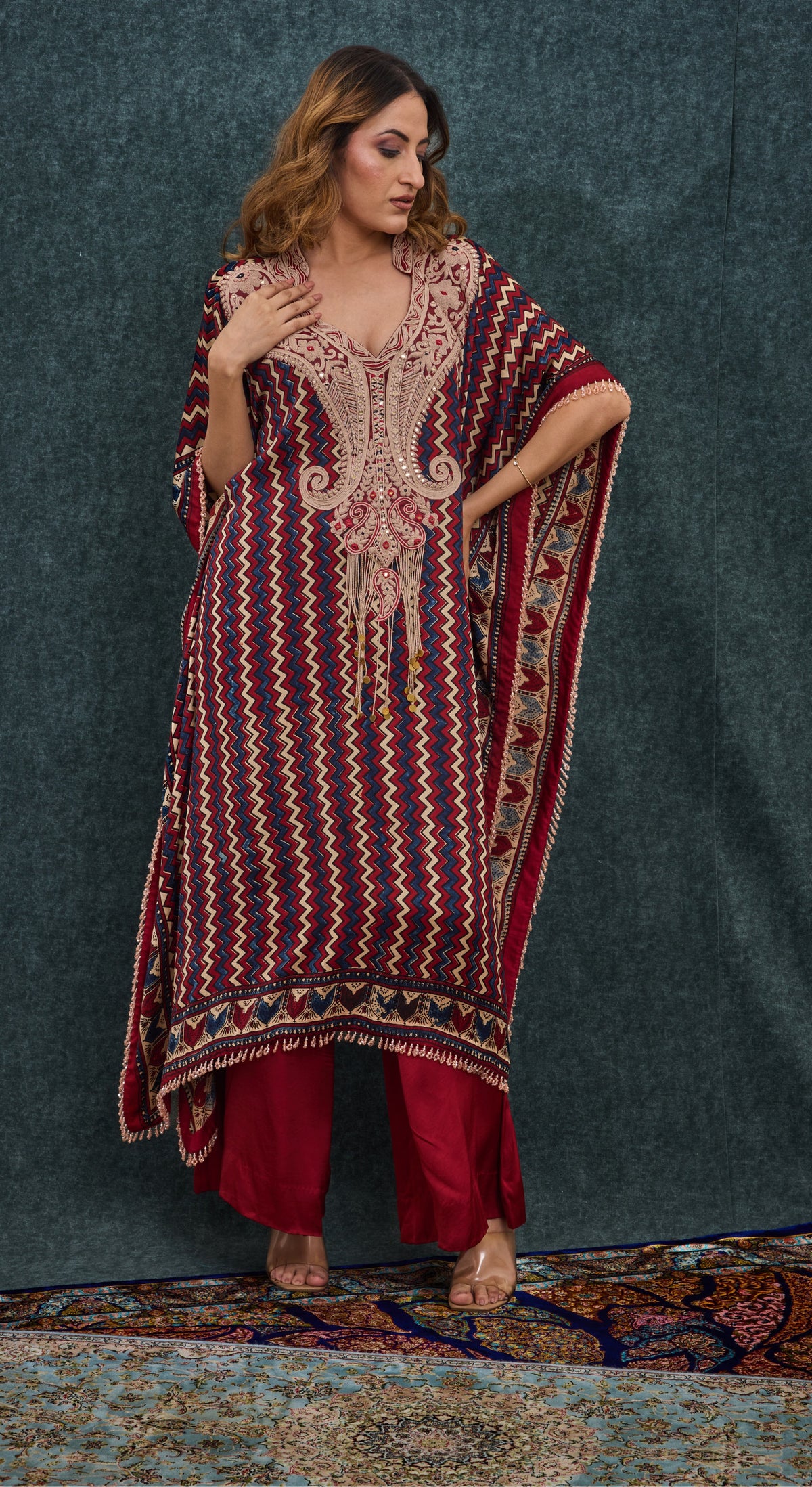 Crimson Chevron Embroidered Kaftan Set