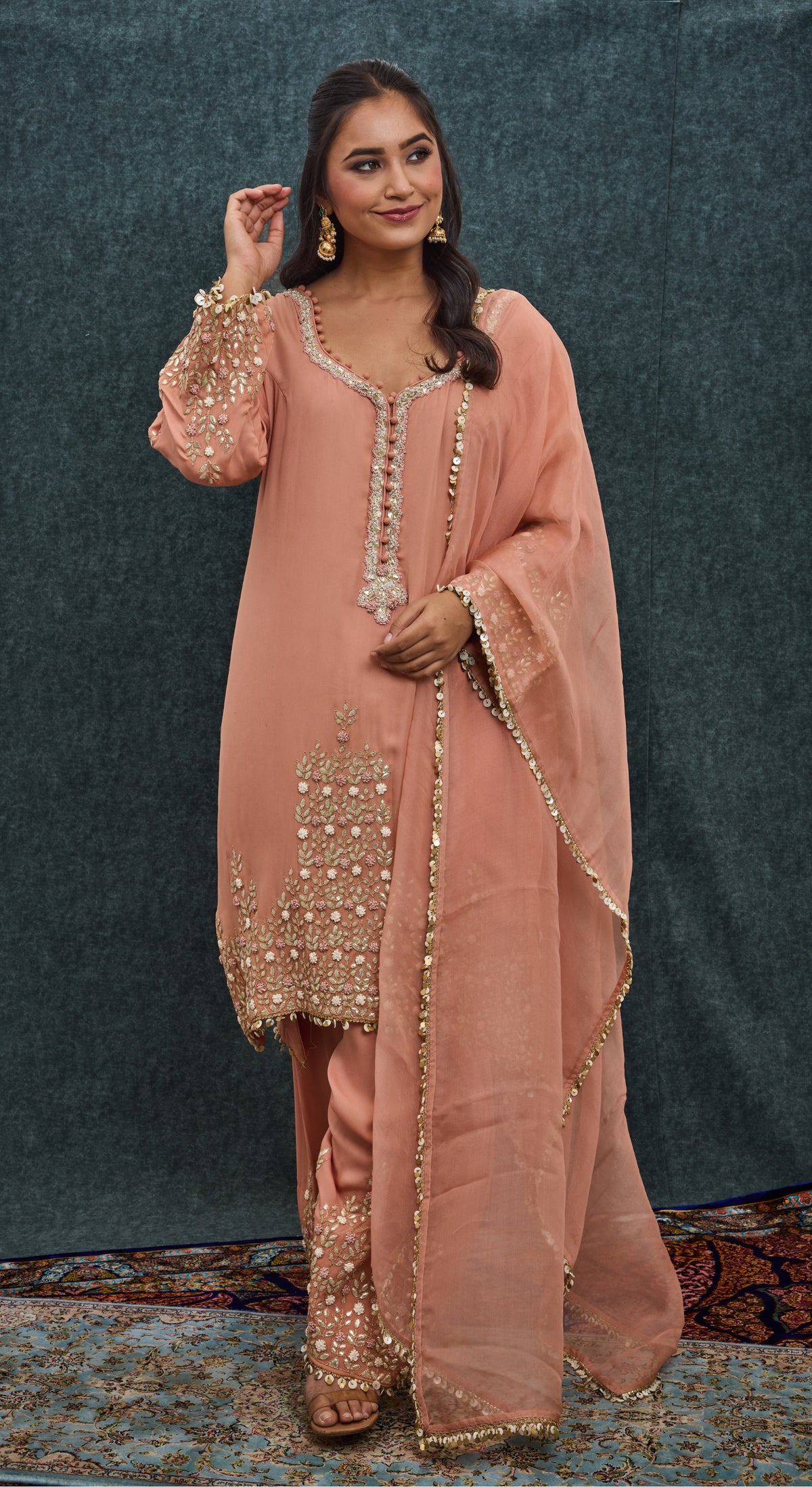 Peach Blossom Embroidered Kurta Set