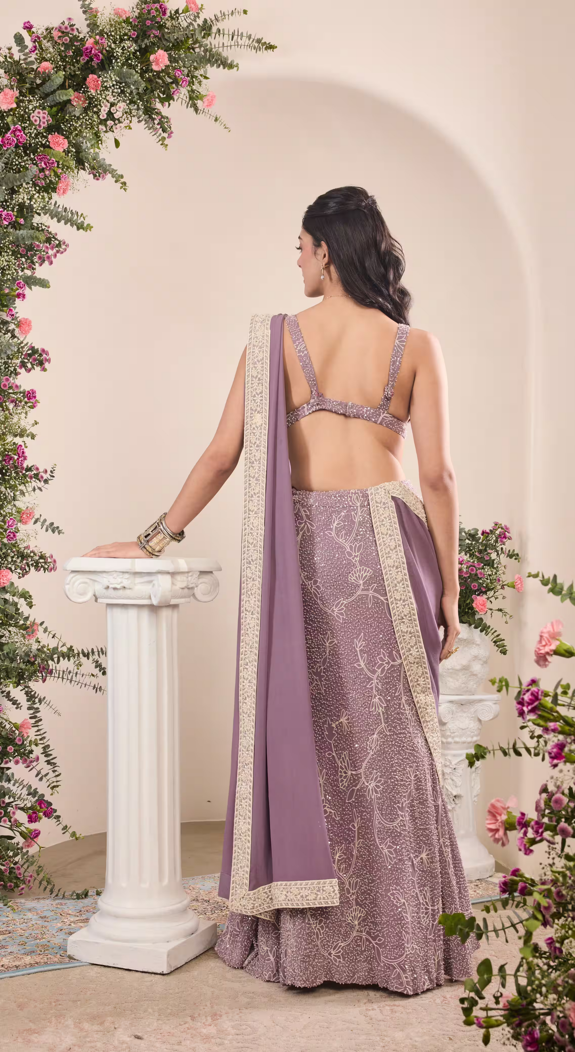 Lilac Embroidered Saree Set