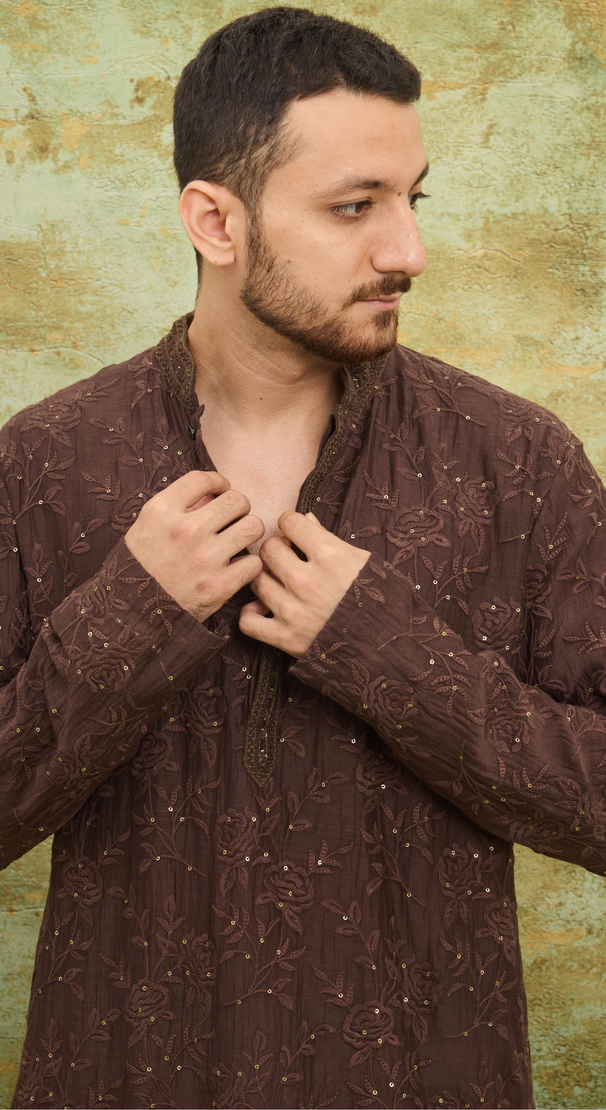 Mocha Floral Embroidered Kurta