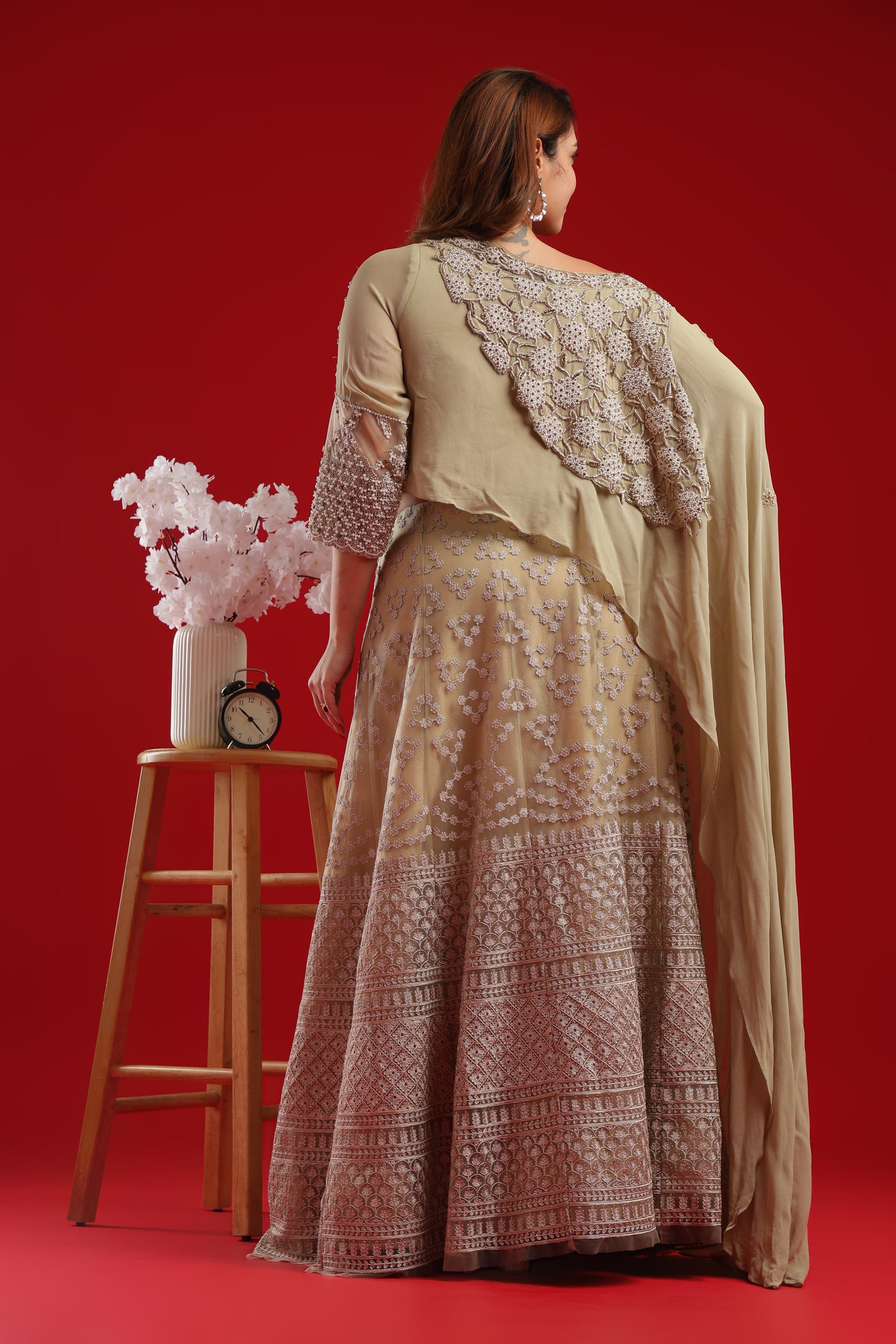 Champagne Gold Embroidered Lehenga Set with Fringe Cape