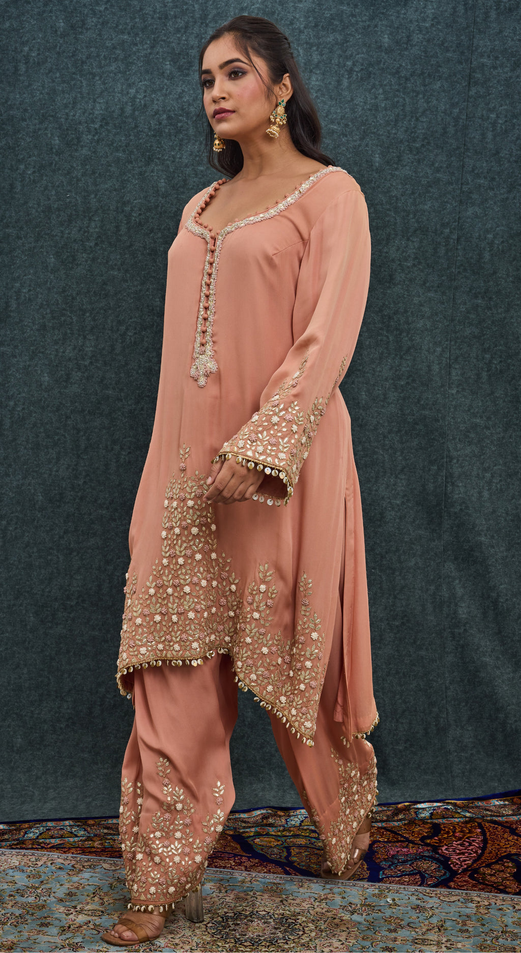 Peach Blossom Embroidered Kurta Set