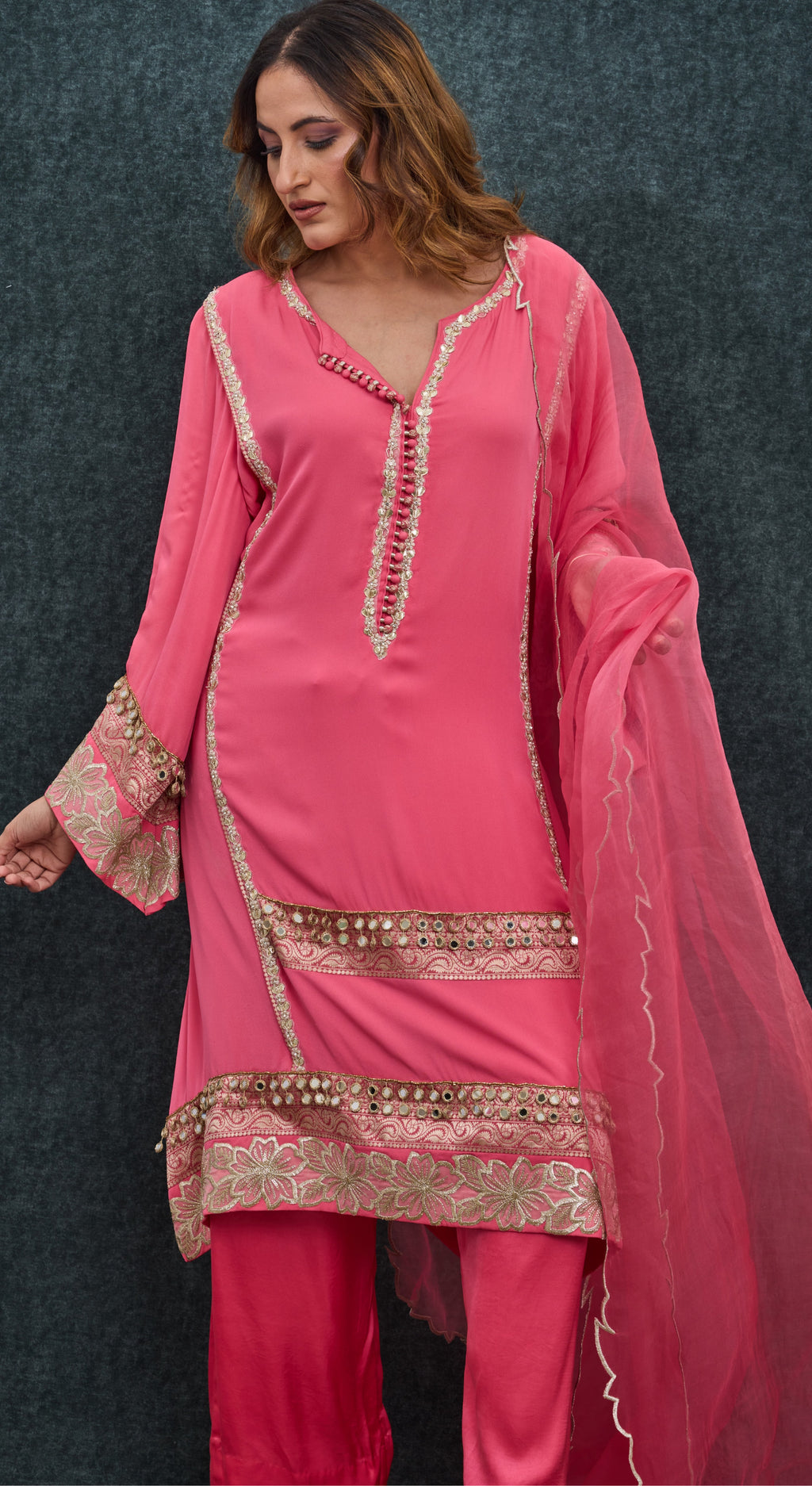 Pink Garden Mirror Kurta Set