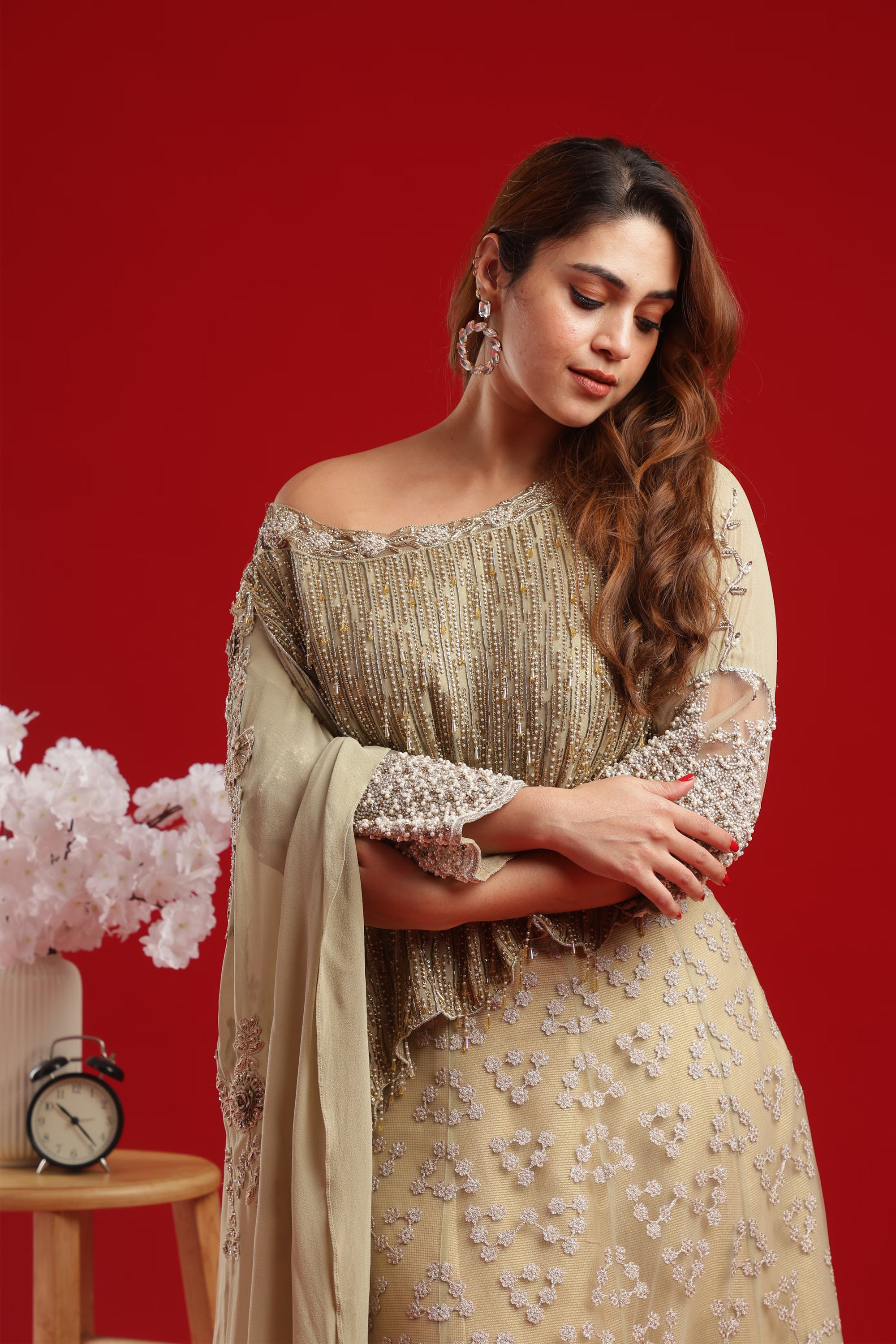 Champagne Gold Embroidered Lehenga Set with Fringe Cape