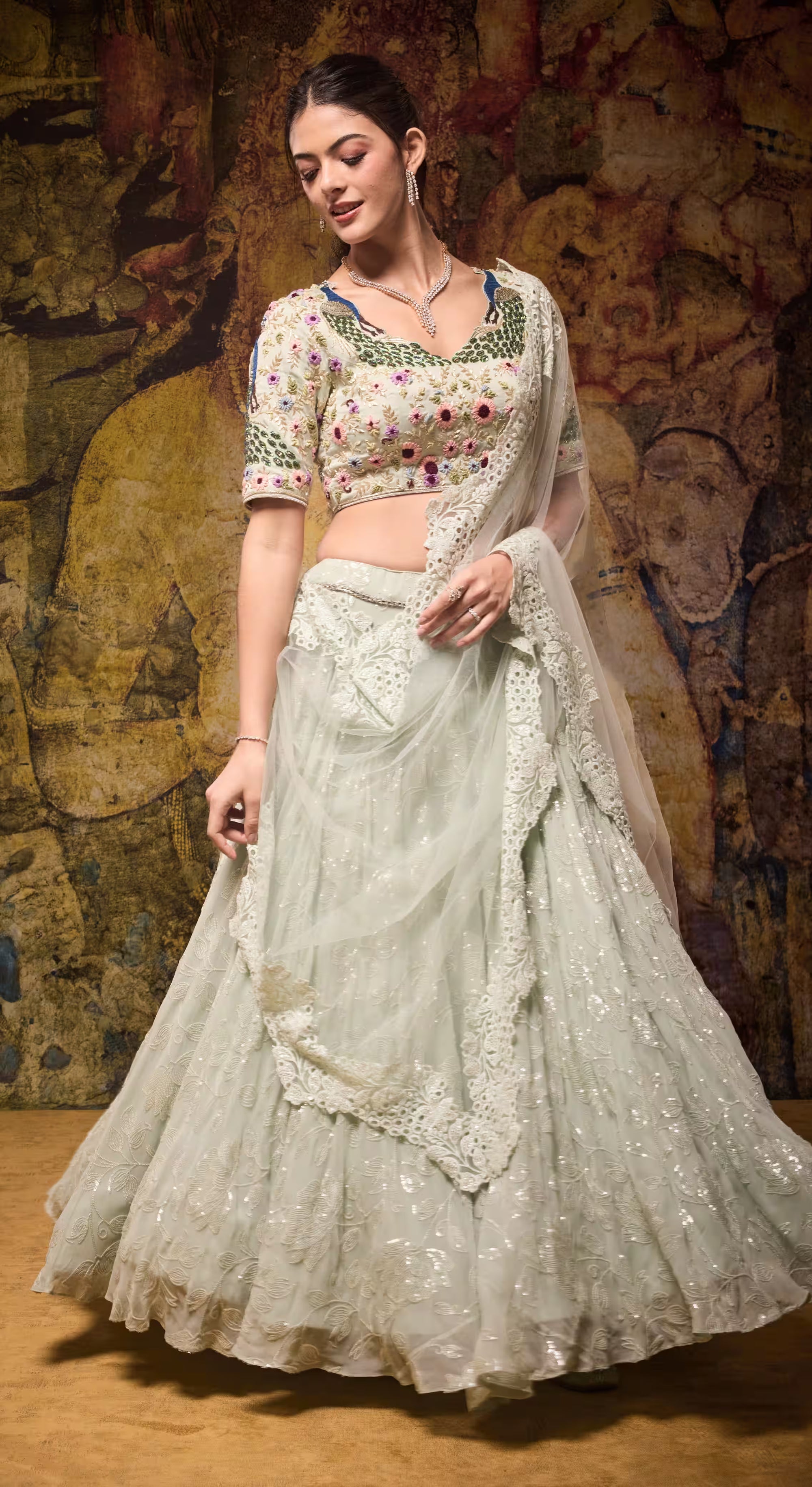 Mint Blossom Embroidered Lehenga Set
