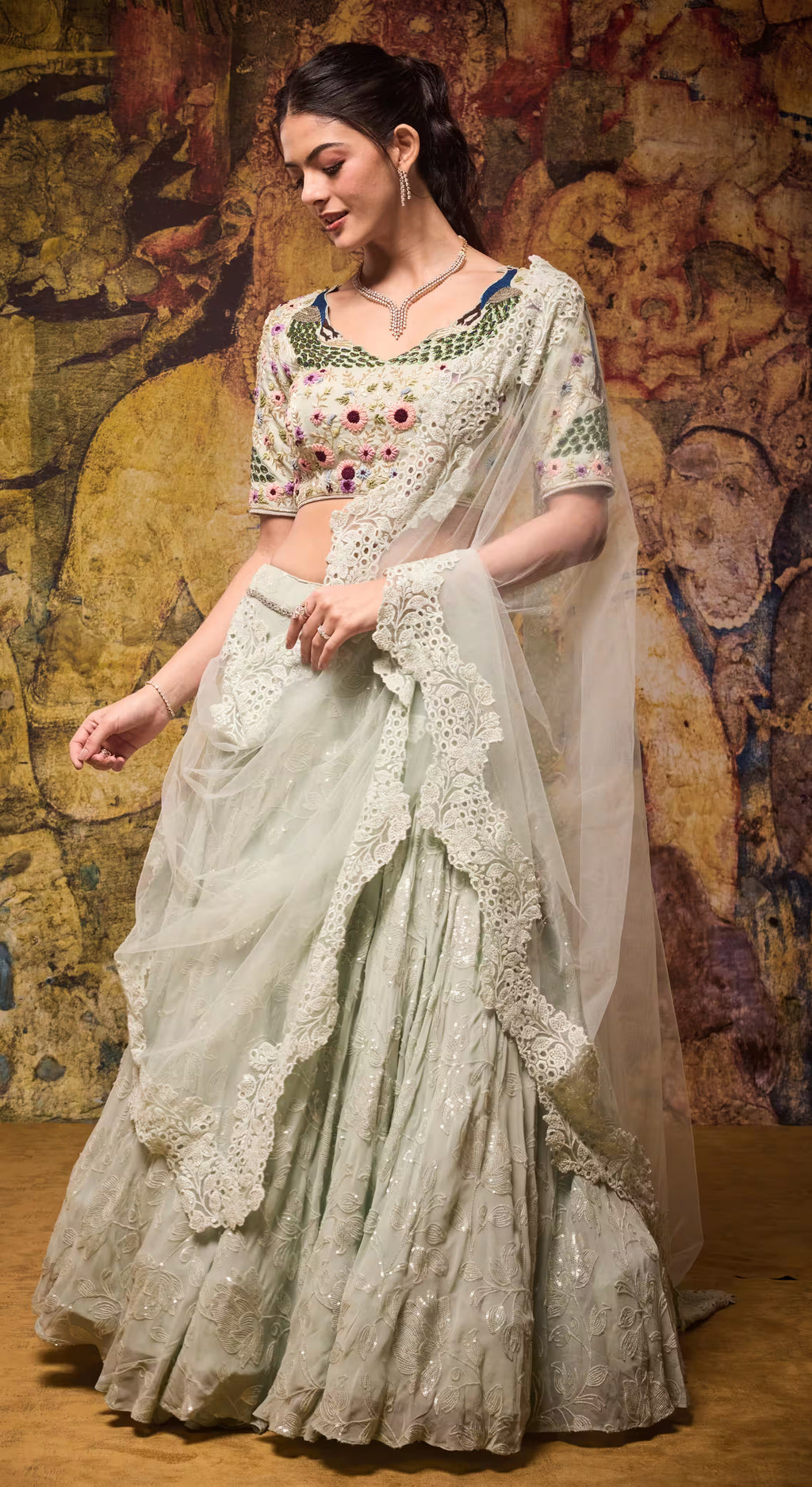 Mint Blossom Embroidered Lehenga Set