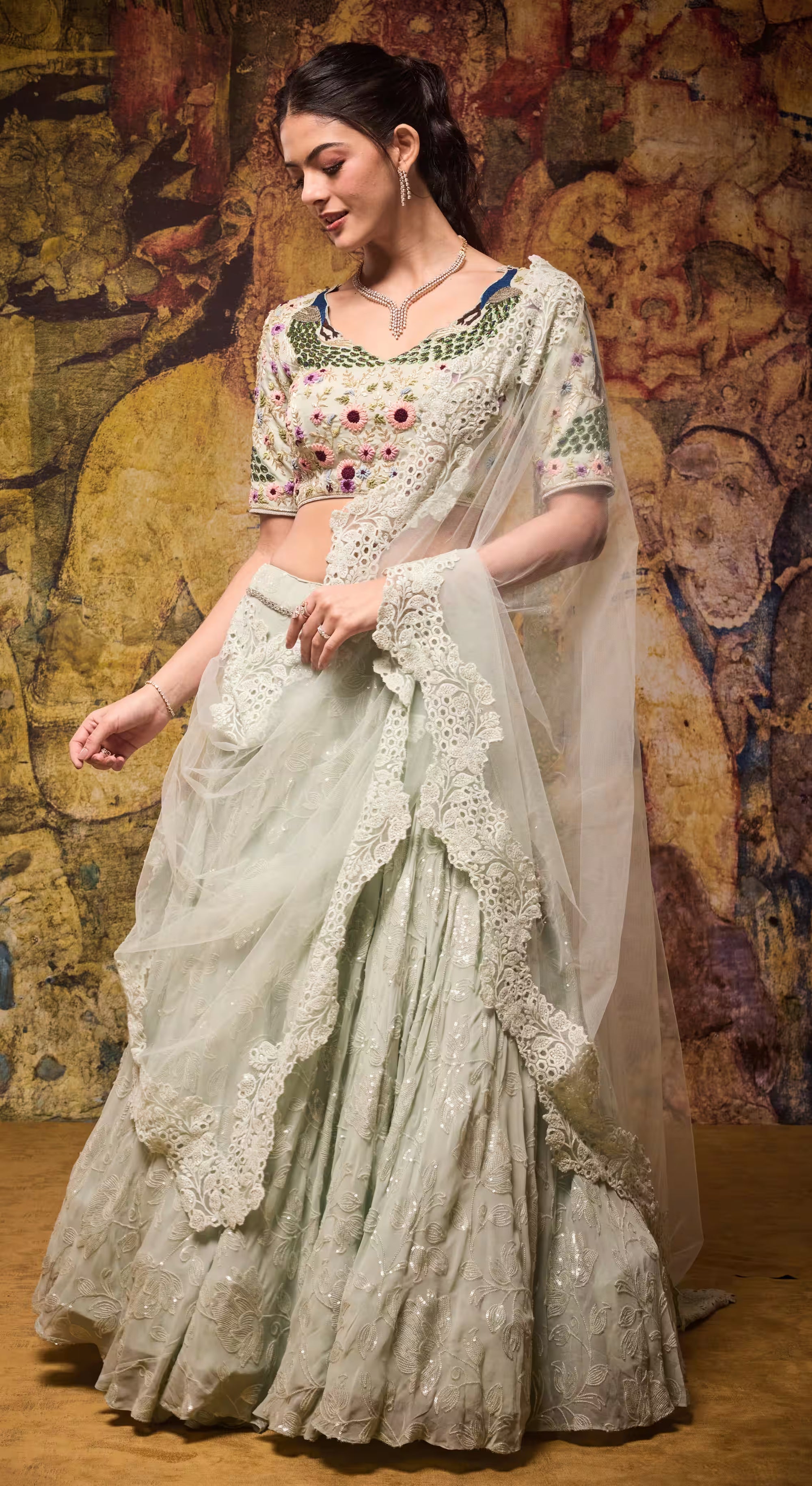 Mint Blossom Embroidered Lehenga Set