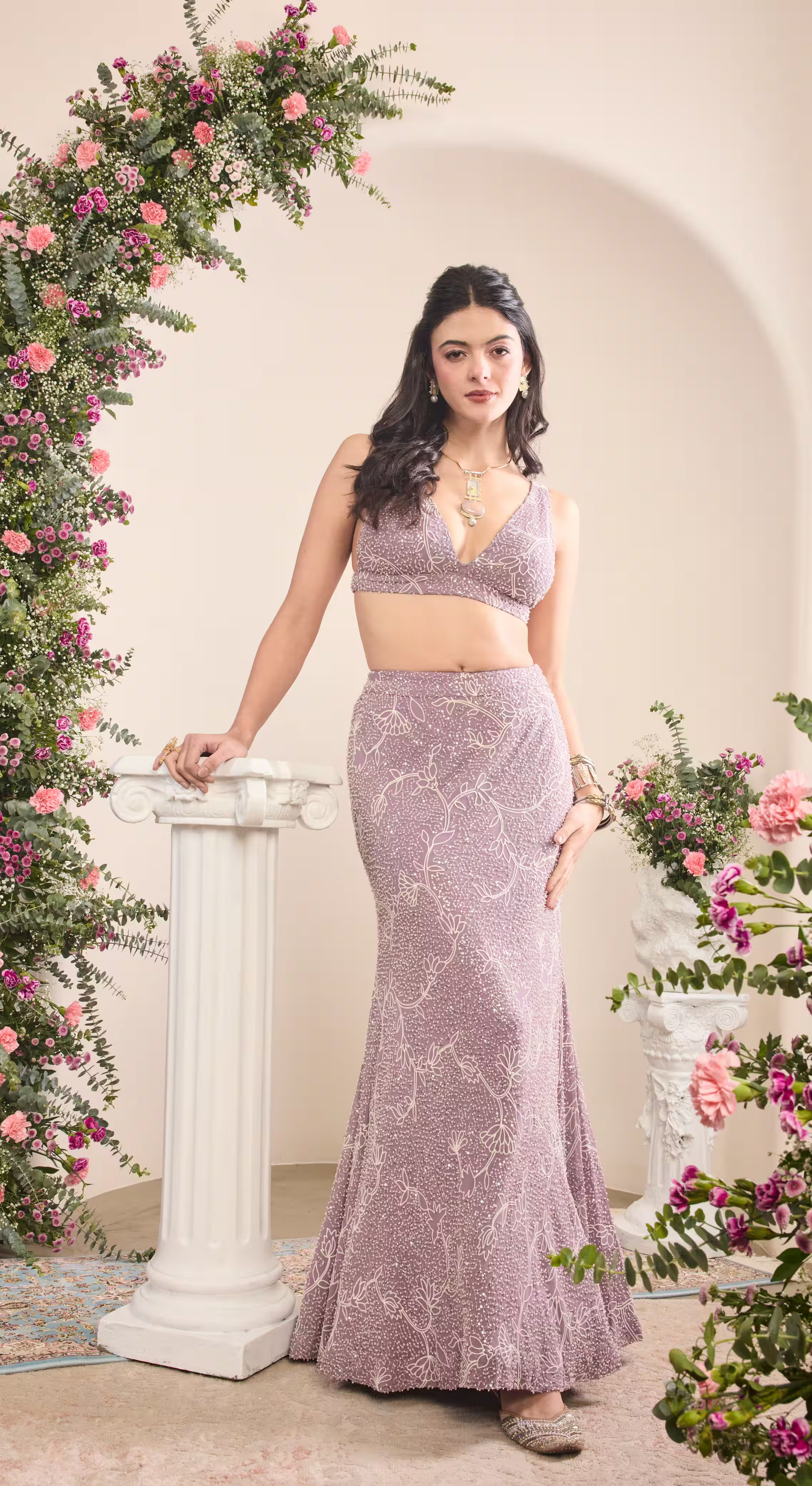 Lilac Embroidered Saree Set