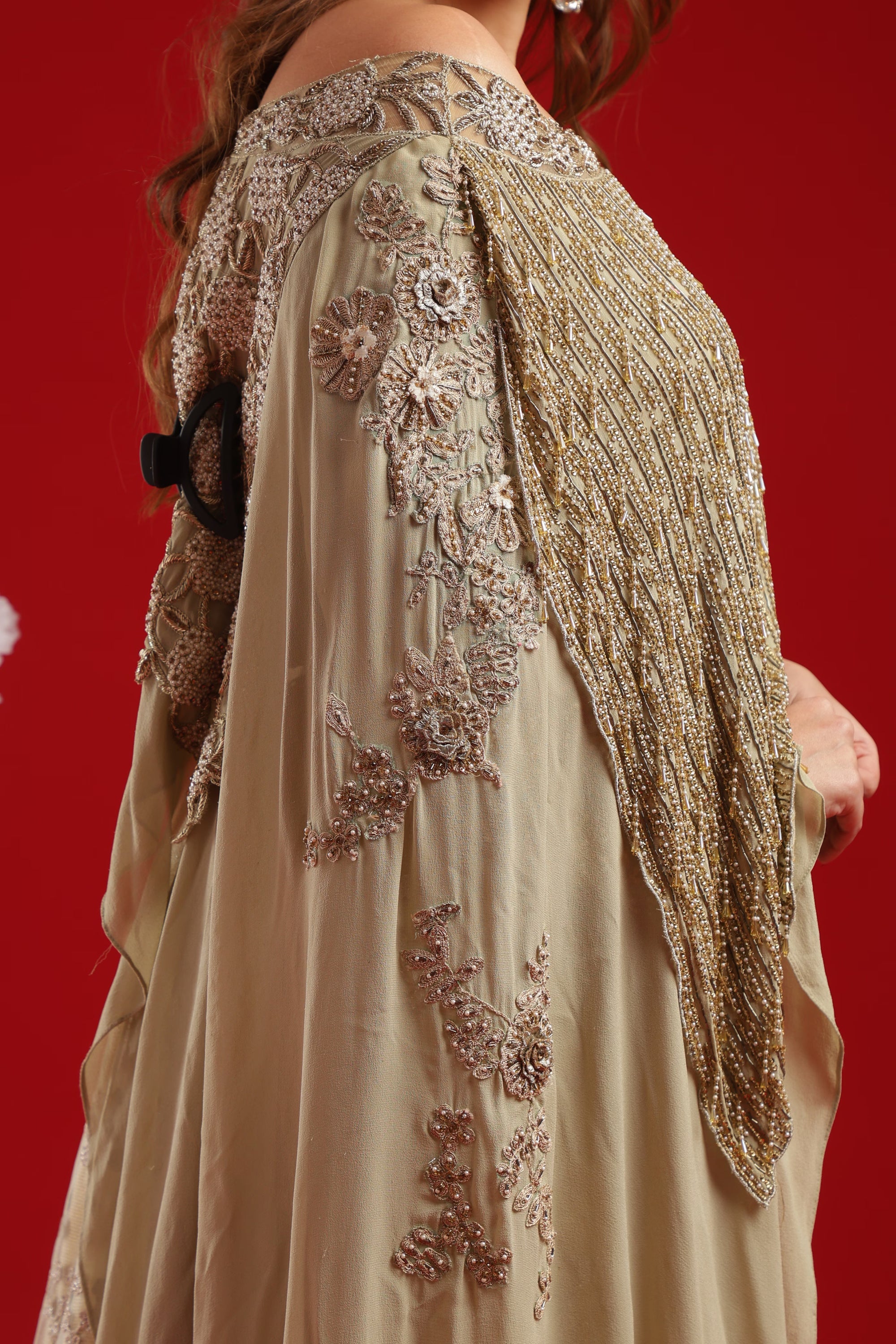 Champagne Gold Embroidered Lehenga Set with Fringe Cape