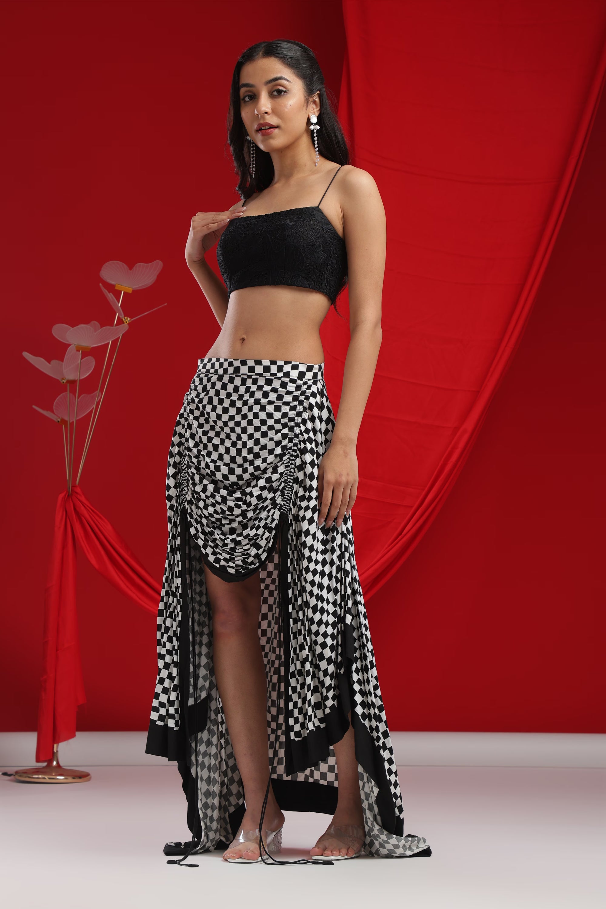 Black Velvet Crop & Checkered Skirt Set