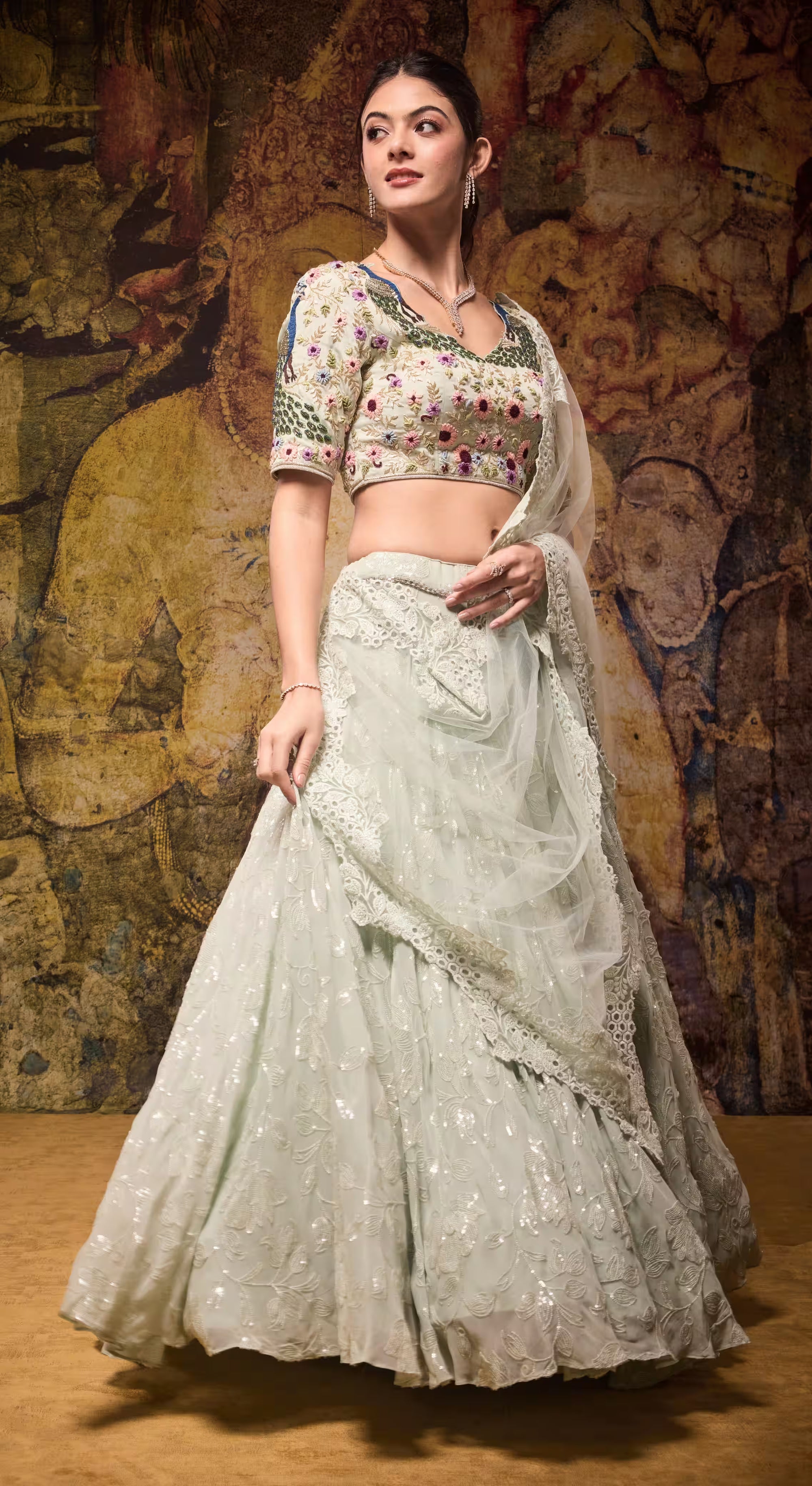 Mint Blossom Embroidered Lehenga Set