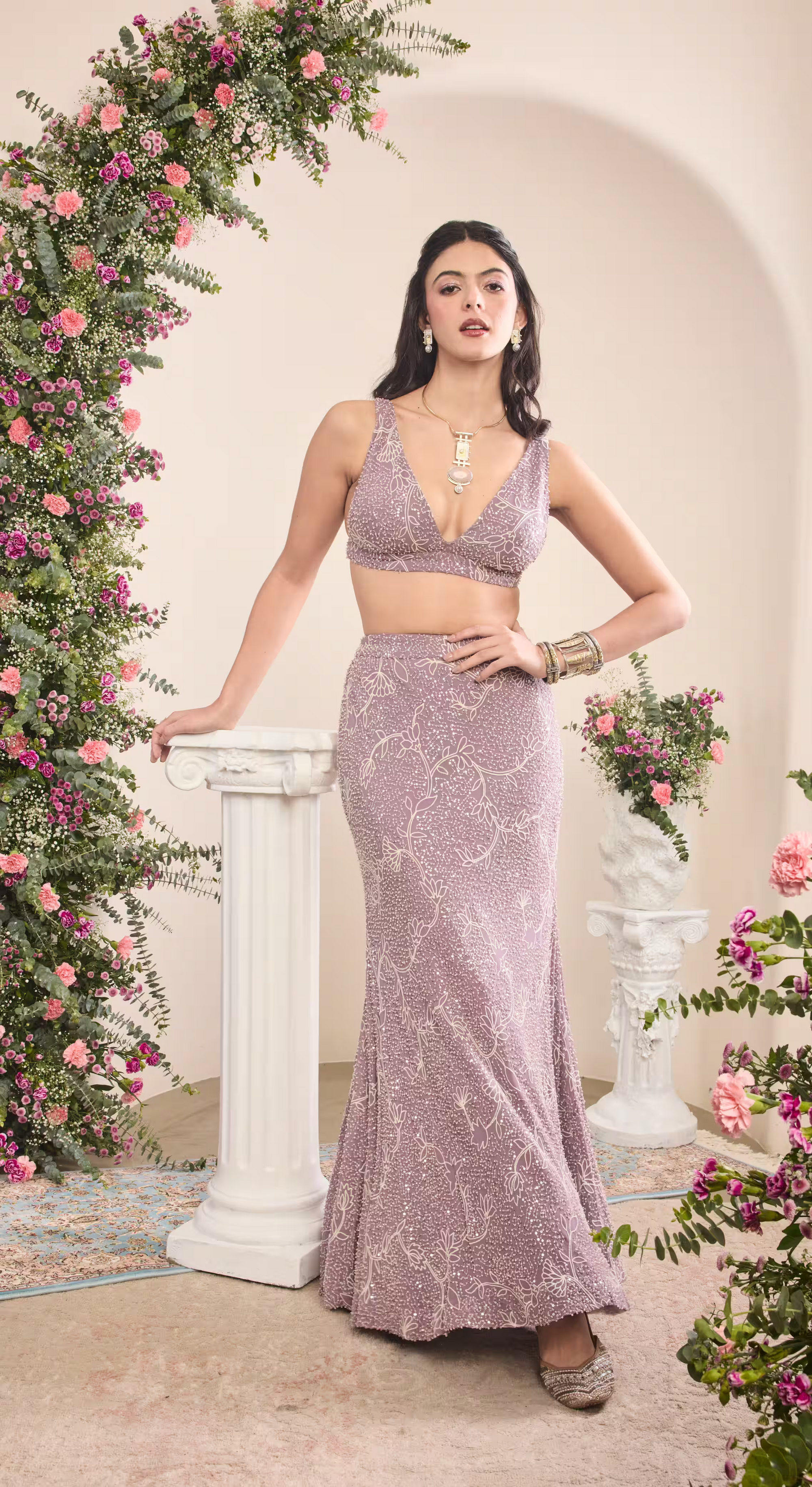 Lilac Embroidered Saree Set