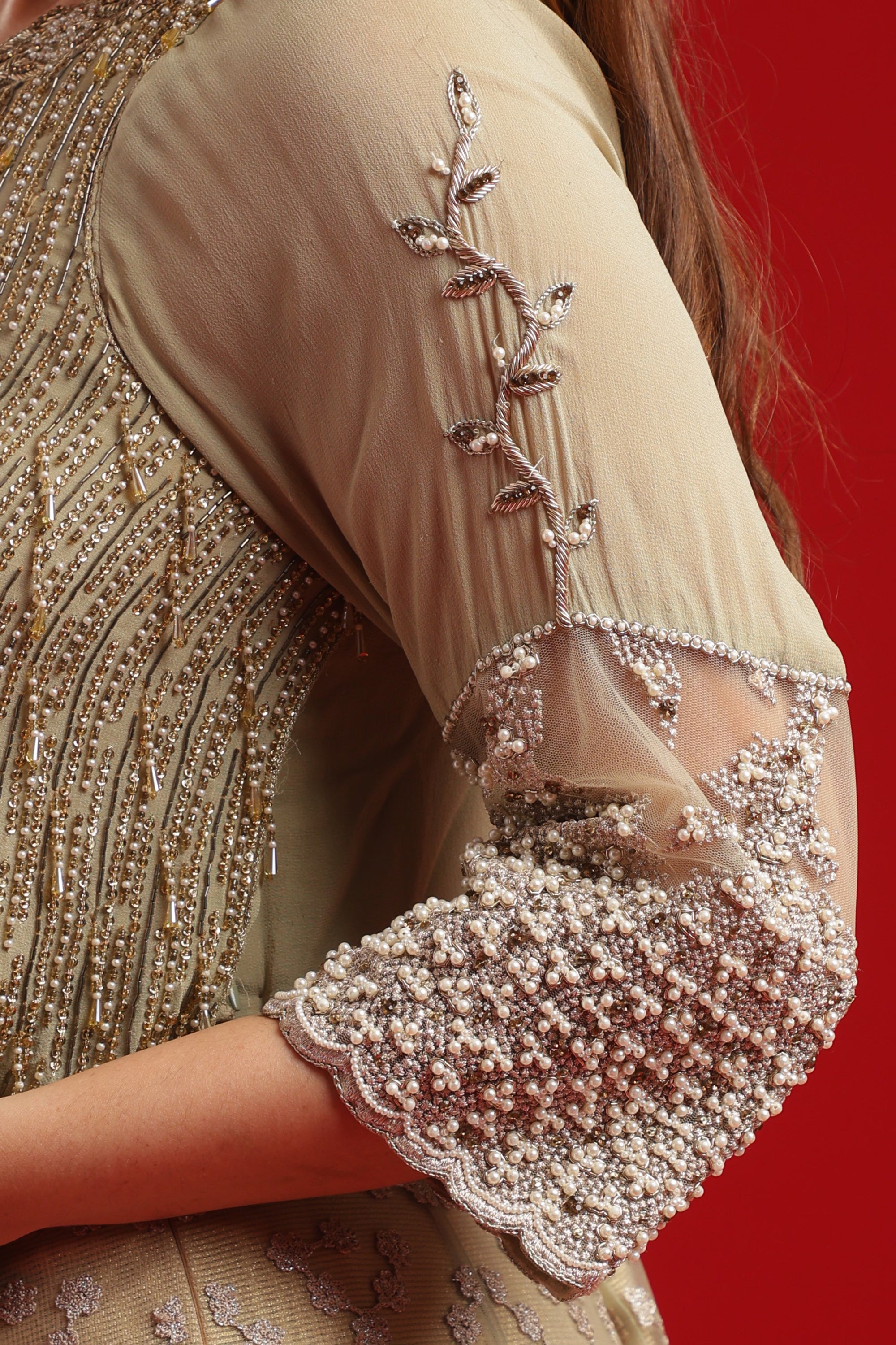 Champagne Gold Embroidered Lehenga Set with Fringe Cape