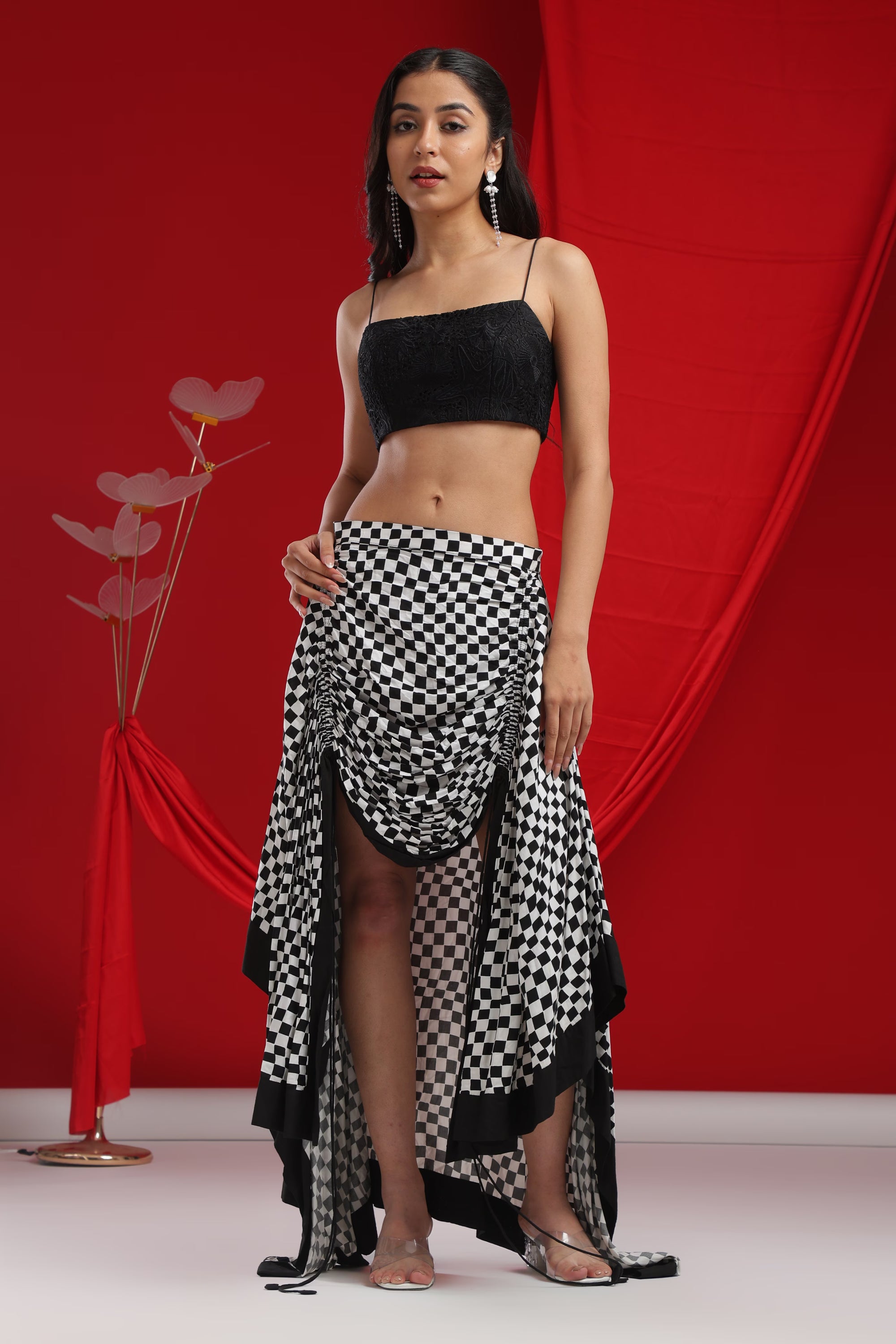 Black Velvet Crop & Checkered Skirt Set