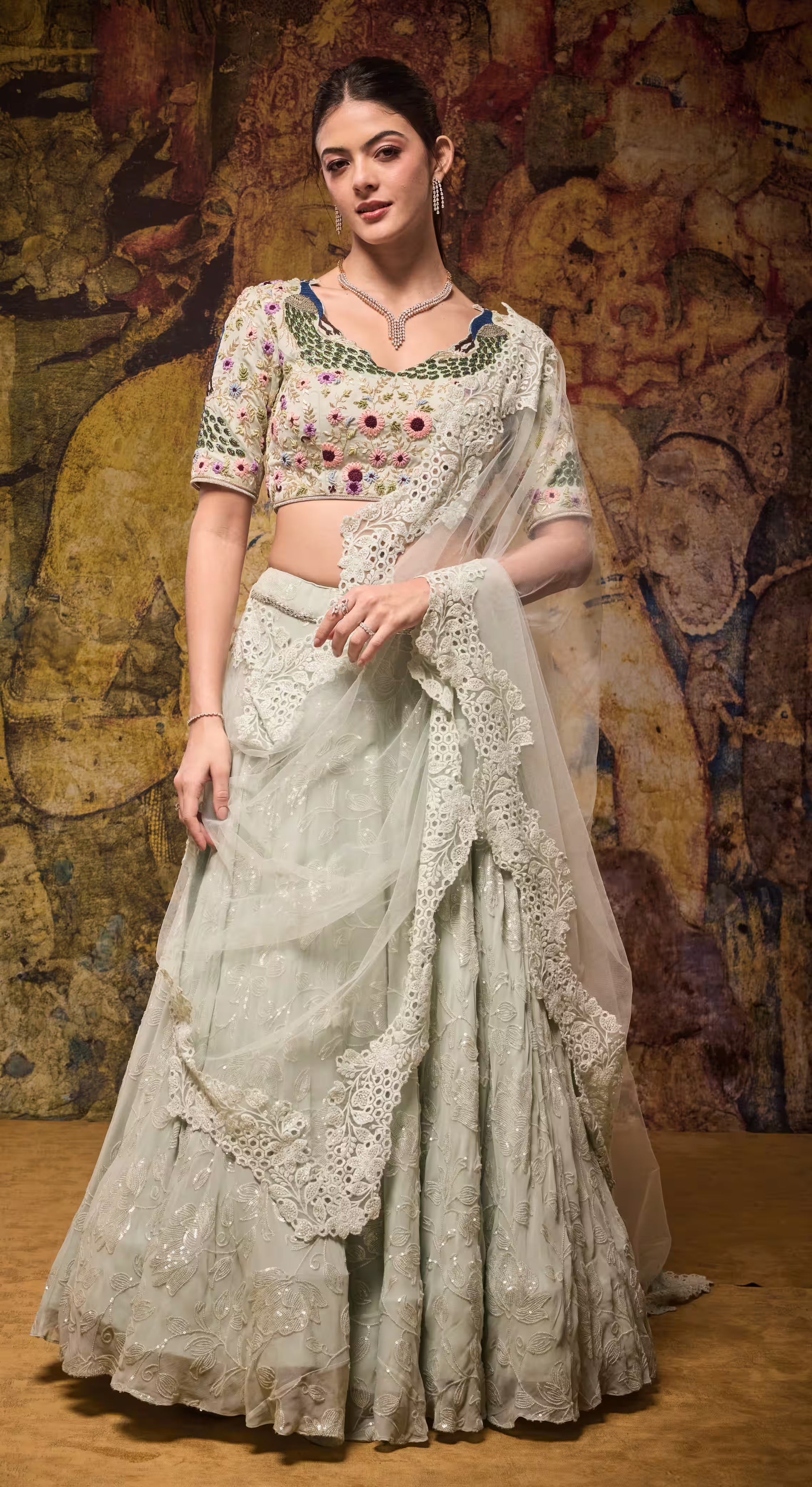 Mint Blossom Embroidered Lehenga Set