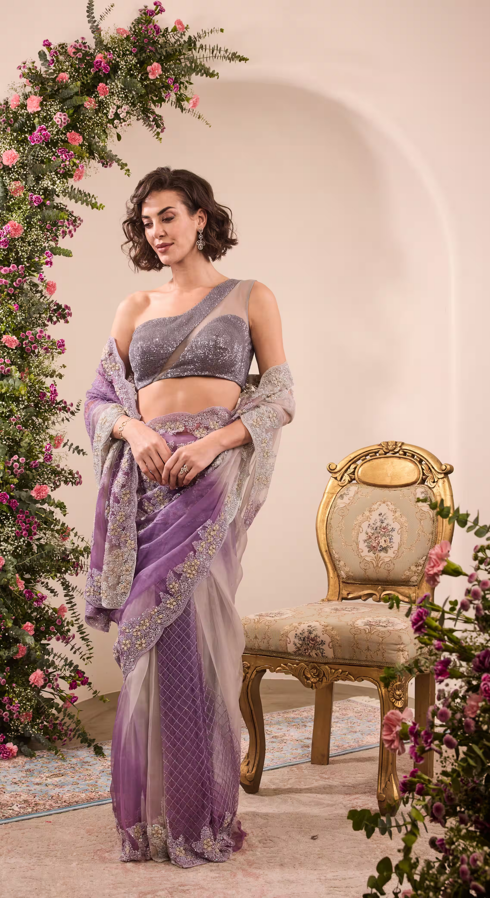Lavender Sequin Embellished Net Saree with Shimmery Blouse