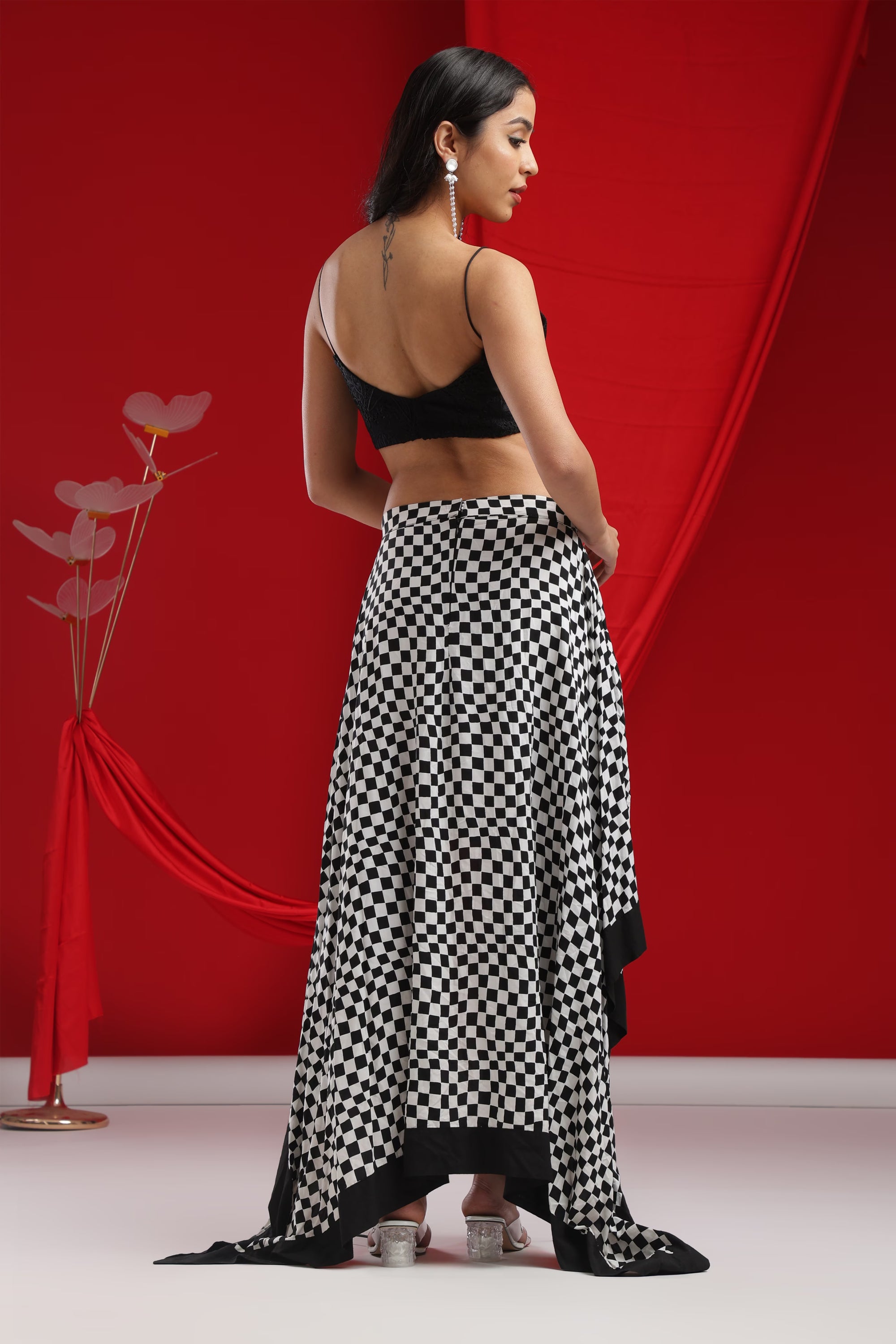 Black Velvet Crop & Checkered Skirt Set