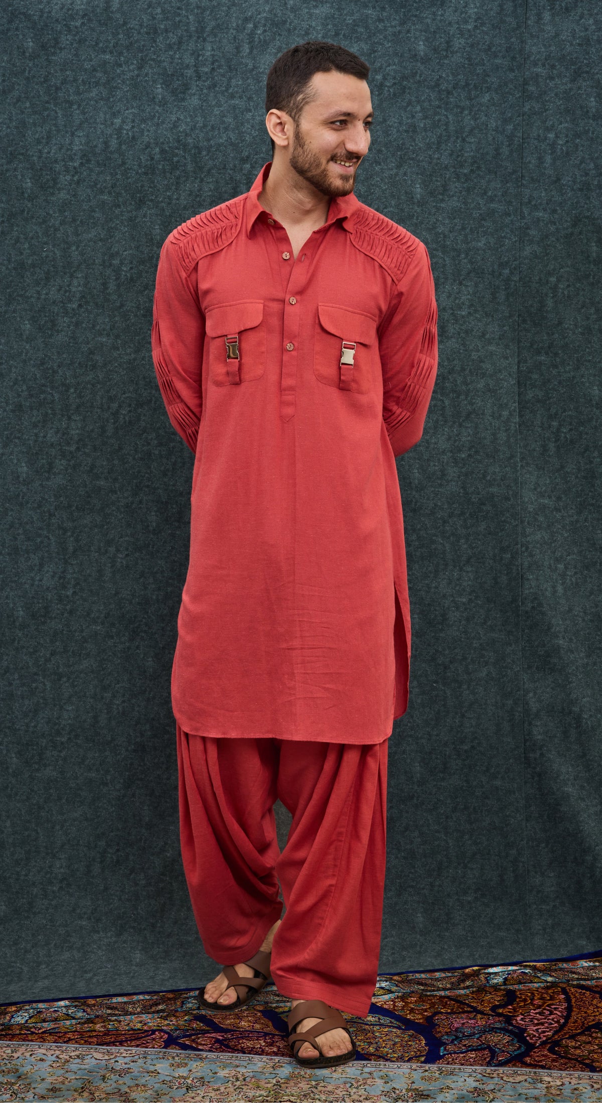 Coral Pleated Utility Kurta Set