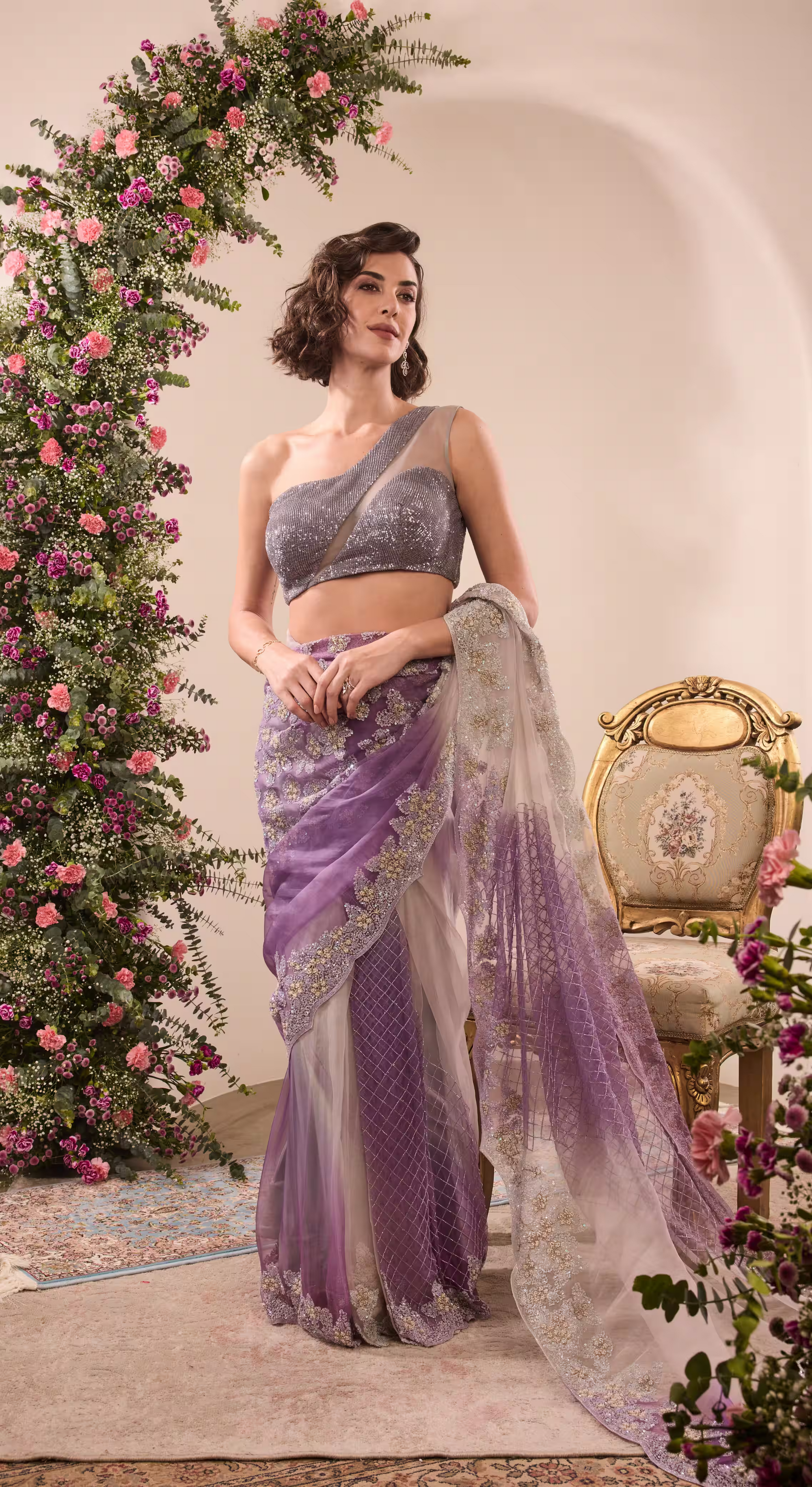 Lavender Sequin Embellished Net Saree with Shimmery Blouse