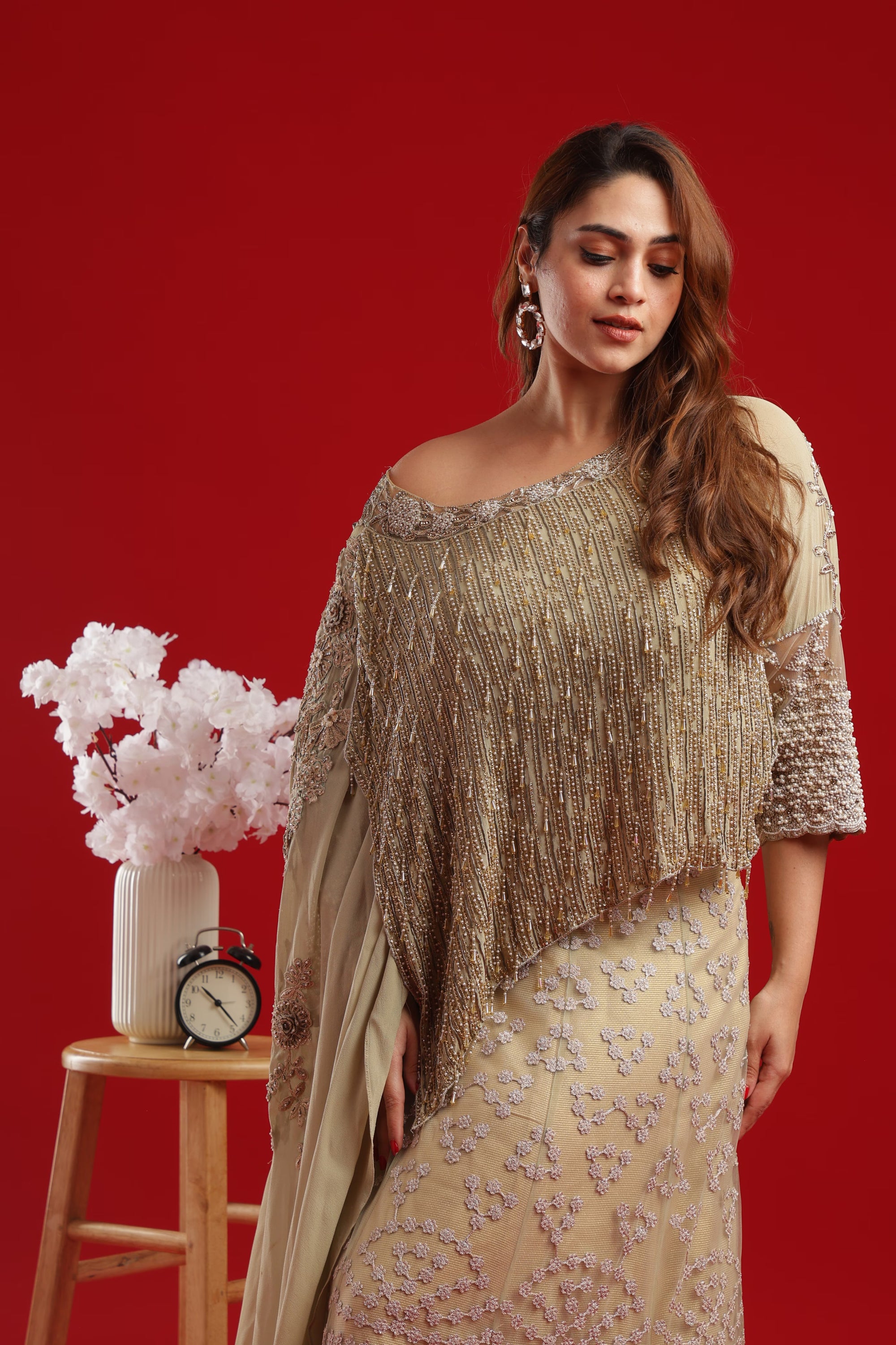 Champagne Gold Embroidered Lehenga Set with Fringe Cape