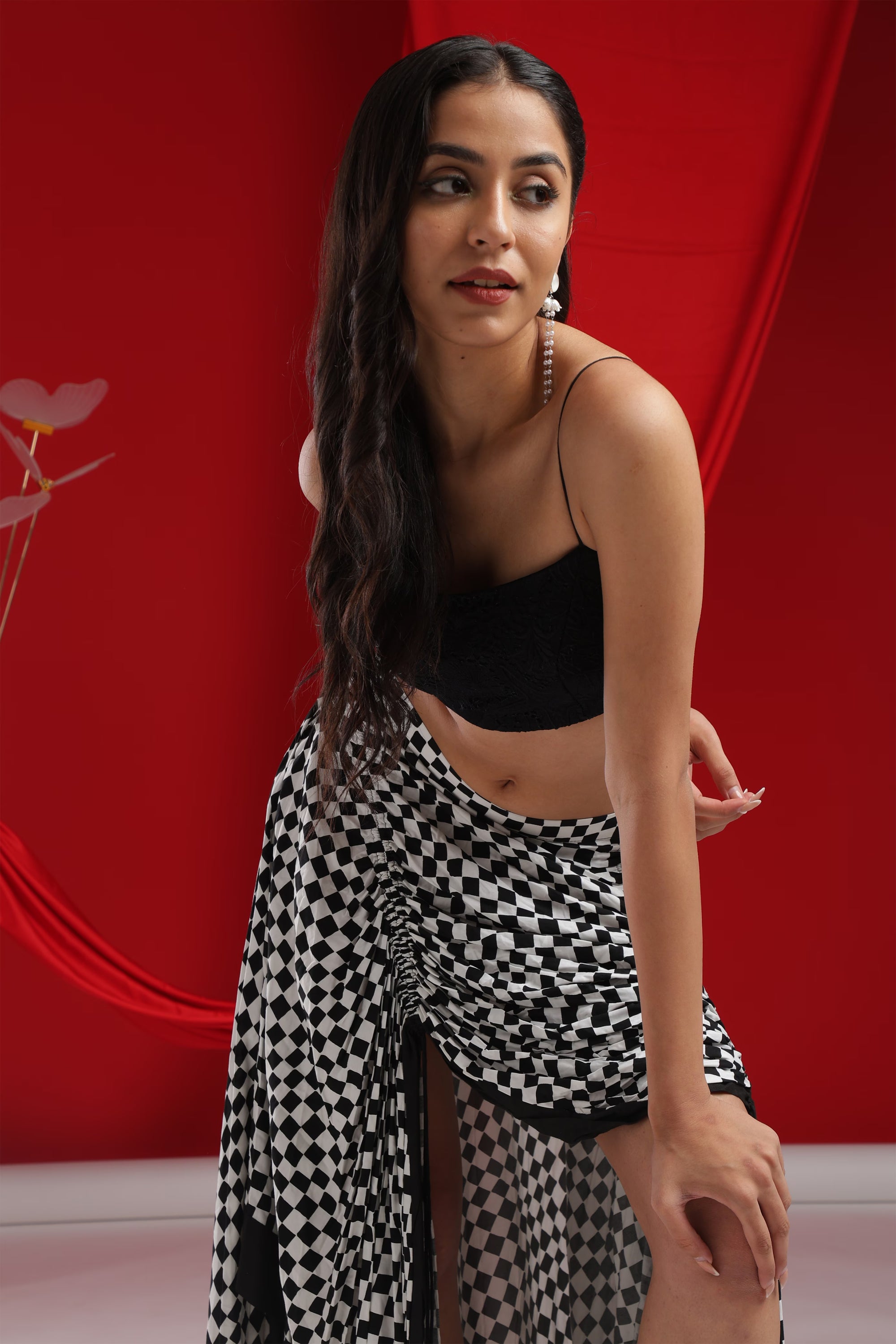 Black Velvet Crop & Checkered Skirt Set