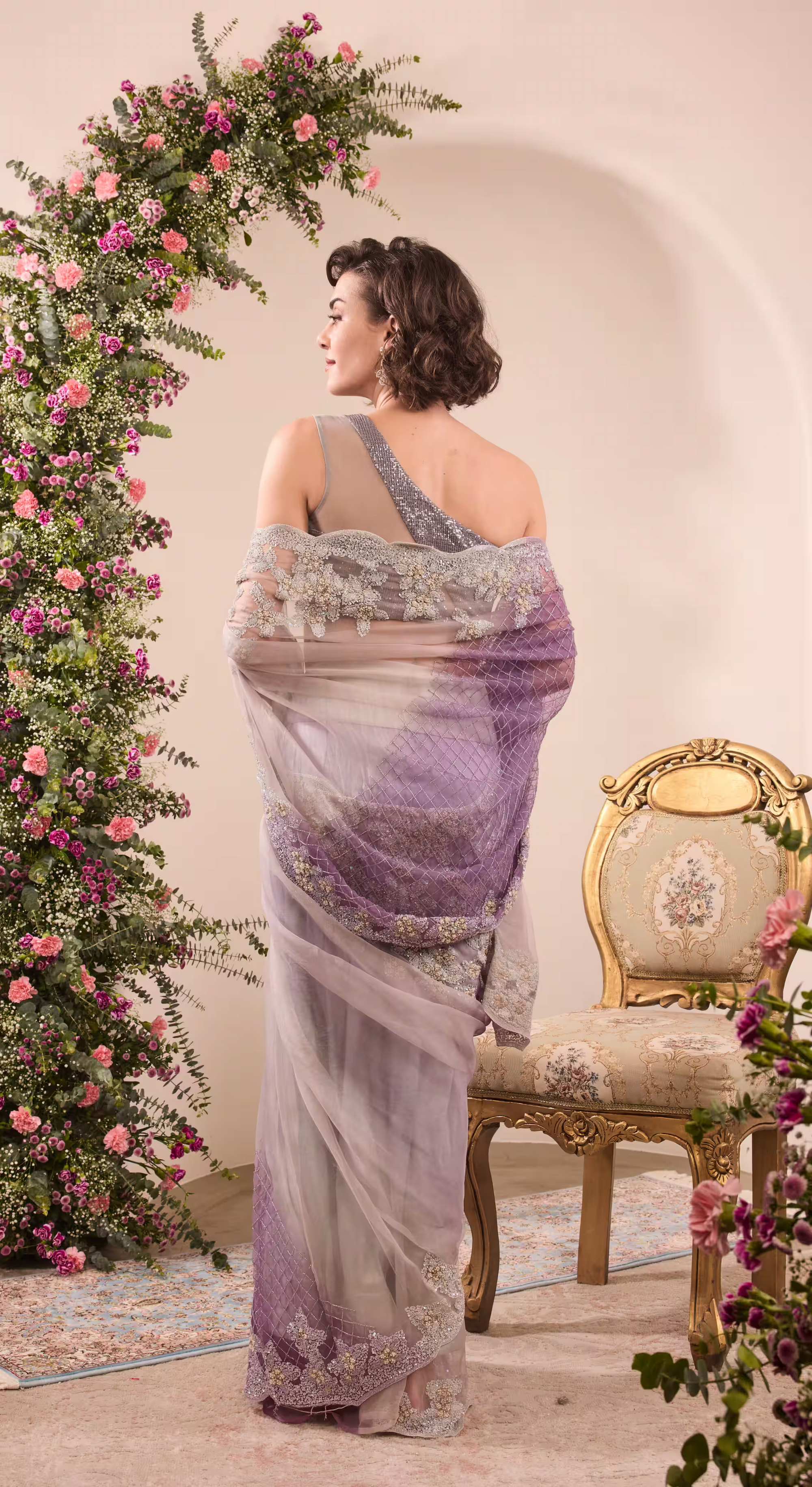 Lavender Sequin Embellished Net Saree with Shimmery Blouse