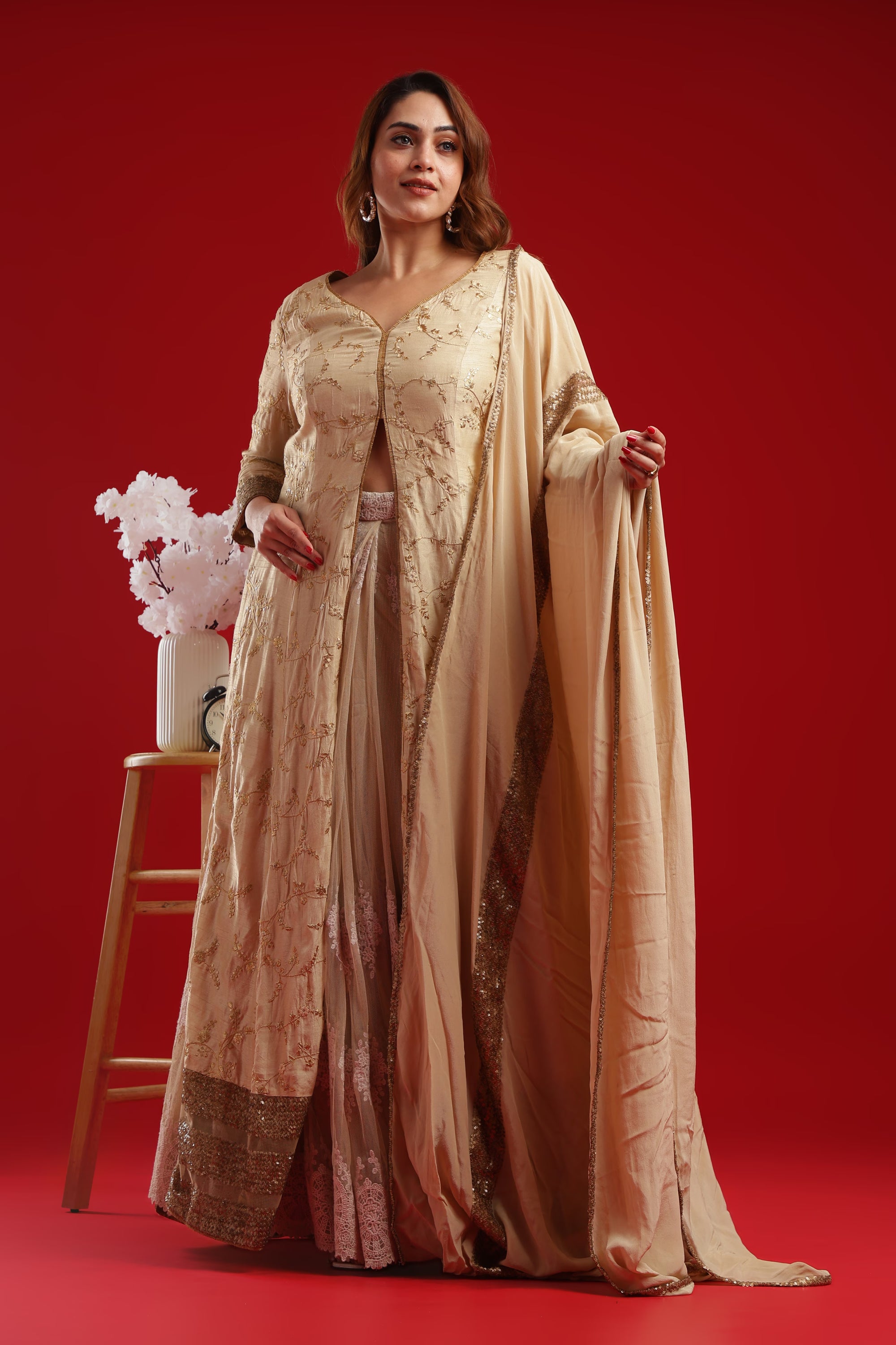 Champagne Gold Embroidered Lehenga Set with Long Jacket