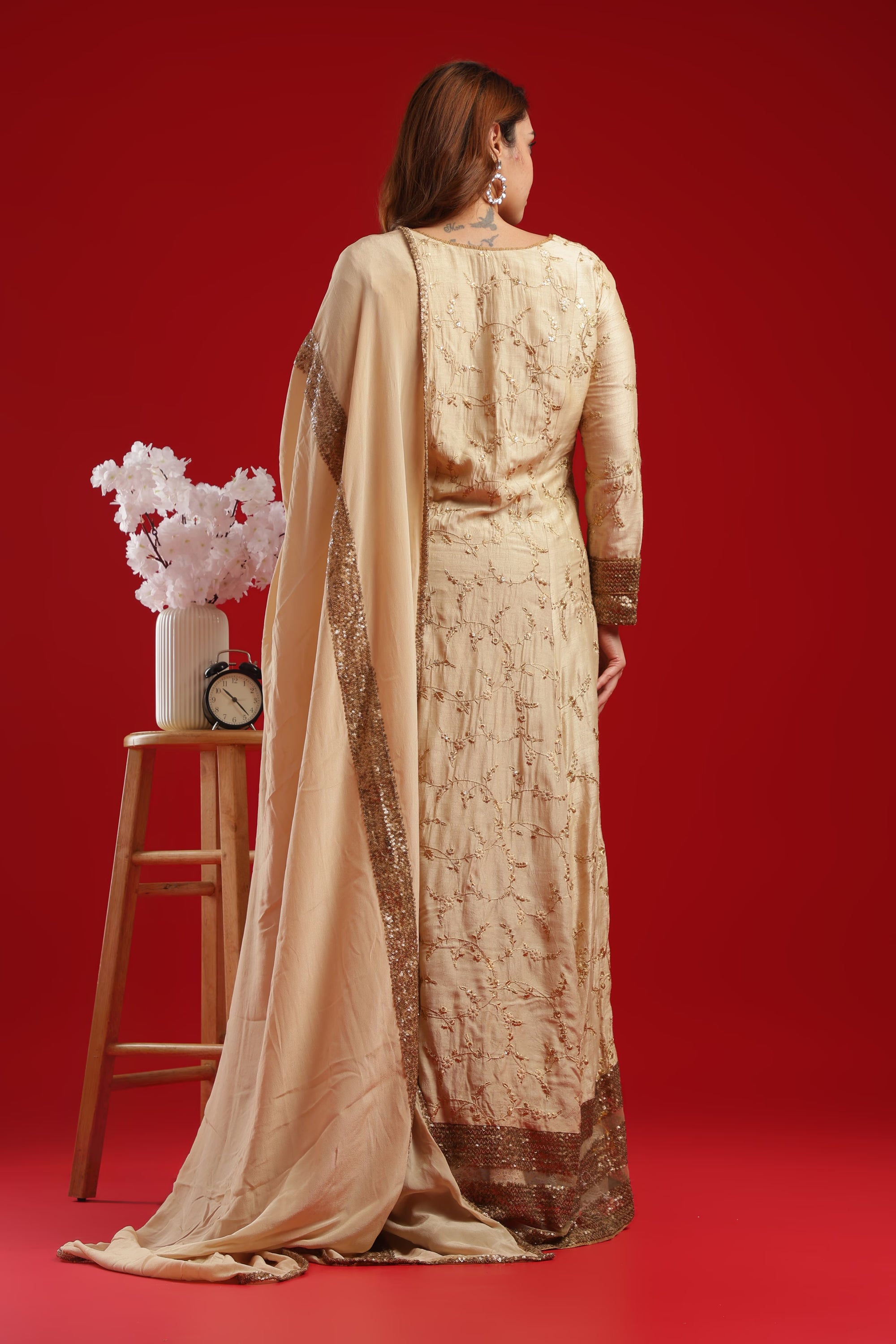 Champagne Gold Embroidered Lehenga Set with Long Jacket