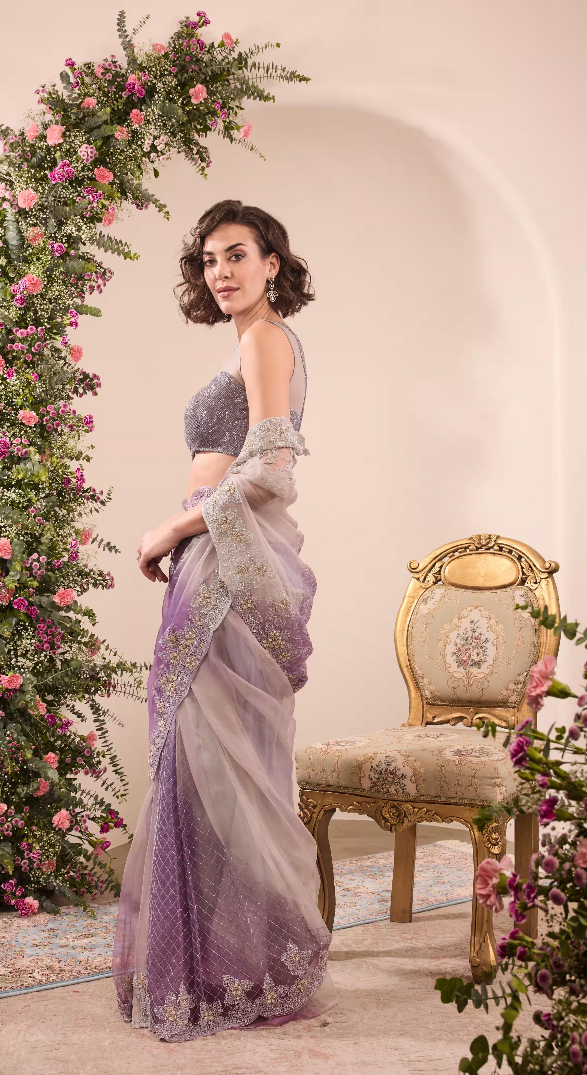 Lavender Sequin Embellished Net Saree with Shimmery Blouse
