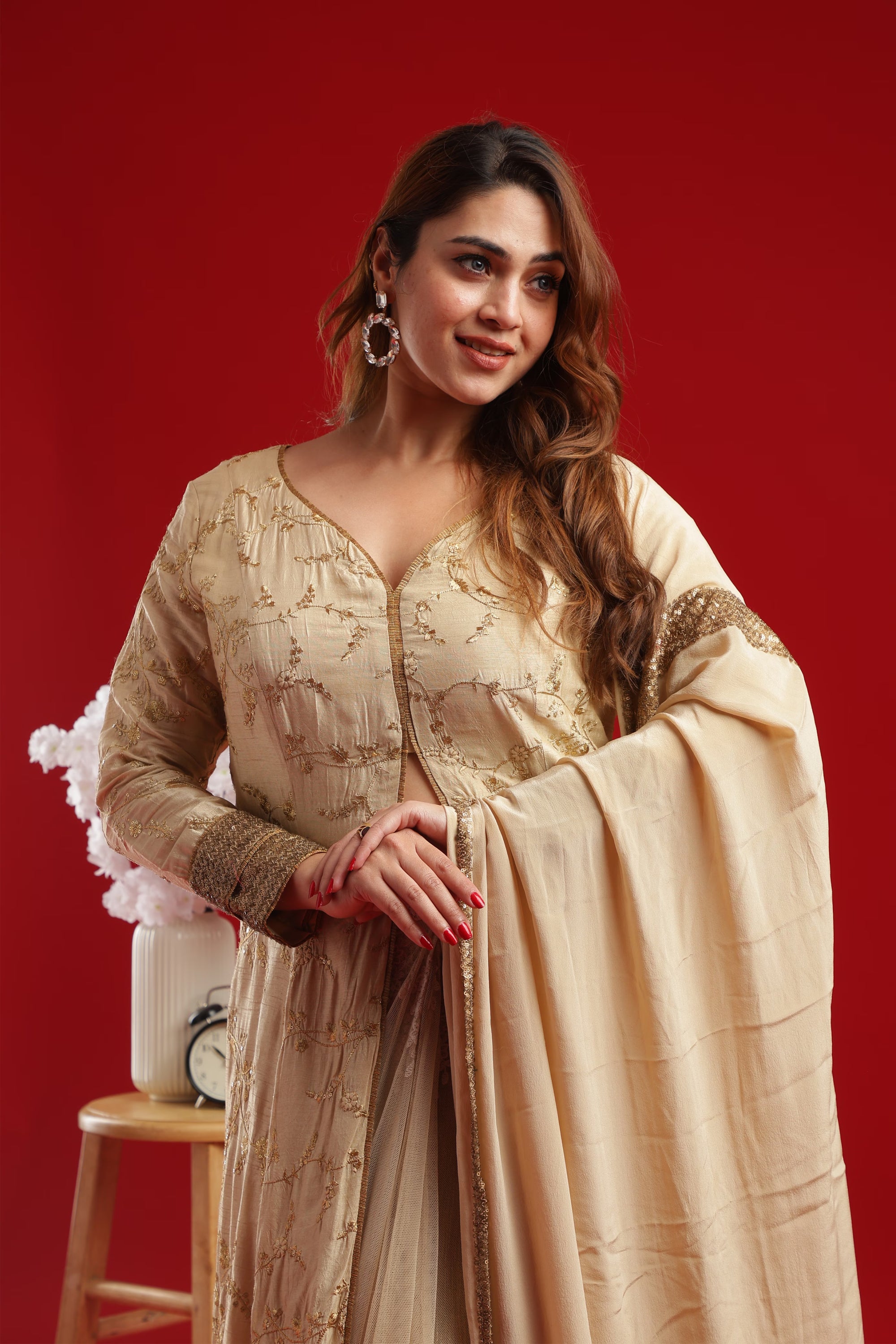 Champagne Gold Embroidered Lehenga Set with Long Jacket
