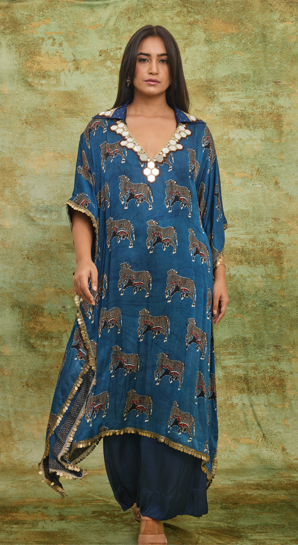 Indigo Ajrakh Cow print Kaftan Set